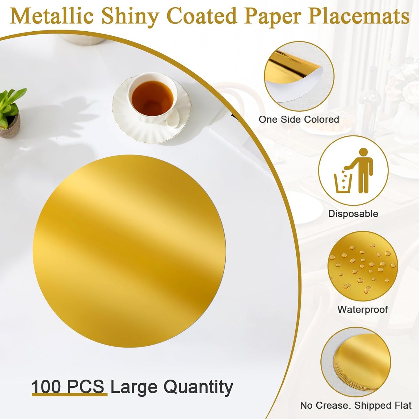 50Pcs round Gold Placemats, Paper Place Mats Disposable for Dining Table, Charger Plates Table Mat for Christmas Dinner Party Wedding Birthday Banquet Table Setting Decor, 13" Shiny Gold