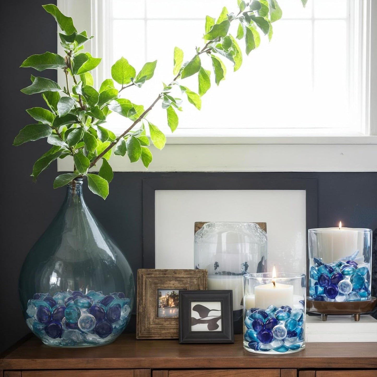 0.97 Pounds, Flat Glass Marbles, Blue Mixed Gemstone Vase Fillers Beads Decorative Glass Pebbles Floral Fish Tank Rocks for Vases Table Scatter Aquarium Decor