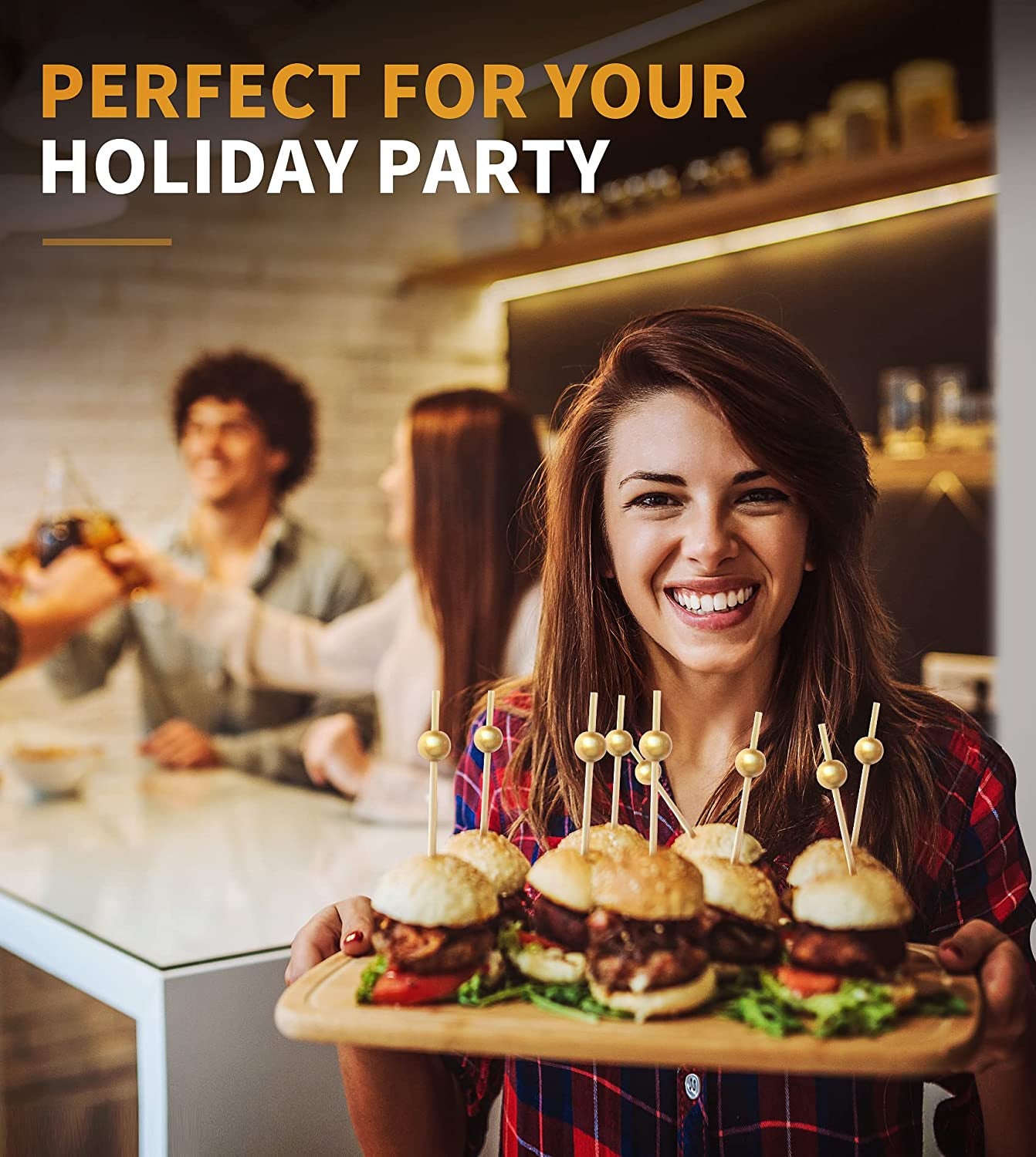 200PCS Cocktail Picks, Fancy Toothpicks for Appetizers, Decorative Bamboo Skewers for Appetizers Drinks Fruit, 4.7 Inch Long Wooden Gold Pearl Food Sticks Charcuterie Boards Accessories Party Supplies