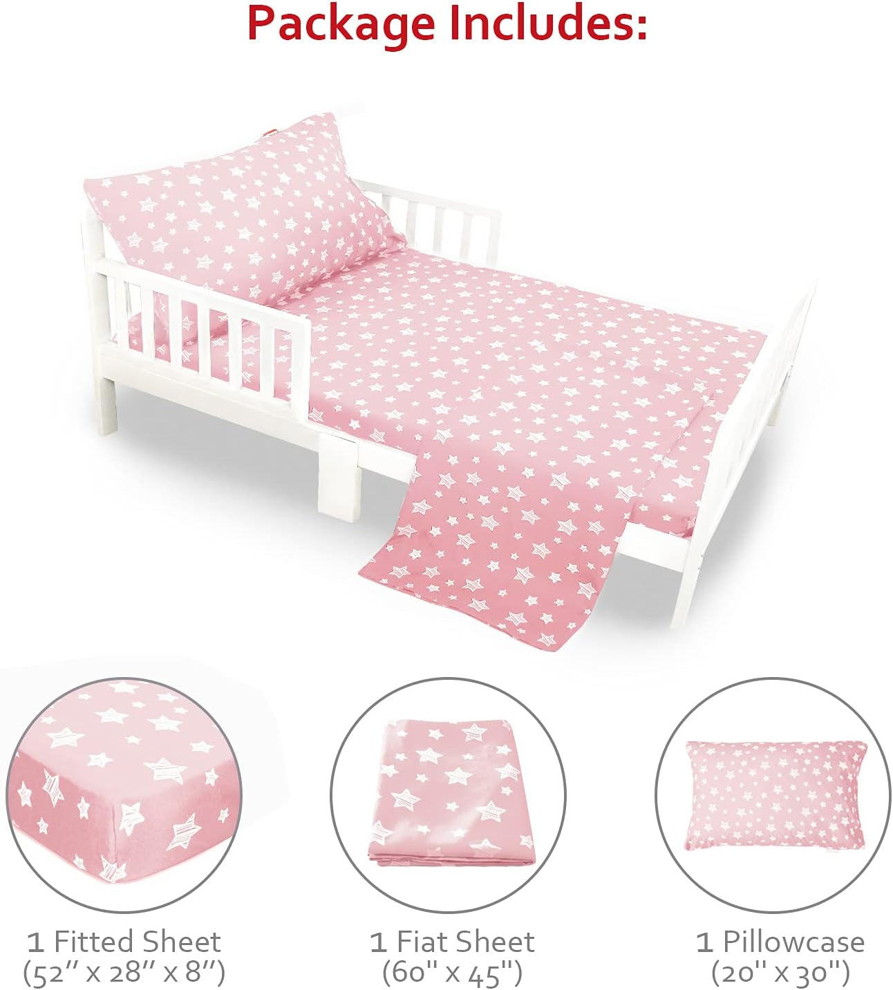 Toddler Bed Sheets for Girls - 3 Piece Set with Flat Sheet, Fitted Sheet, Pillowcase - Soft Breathable Baby Bedding, Pink Star