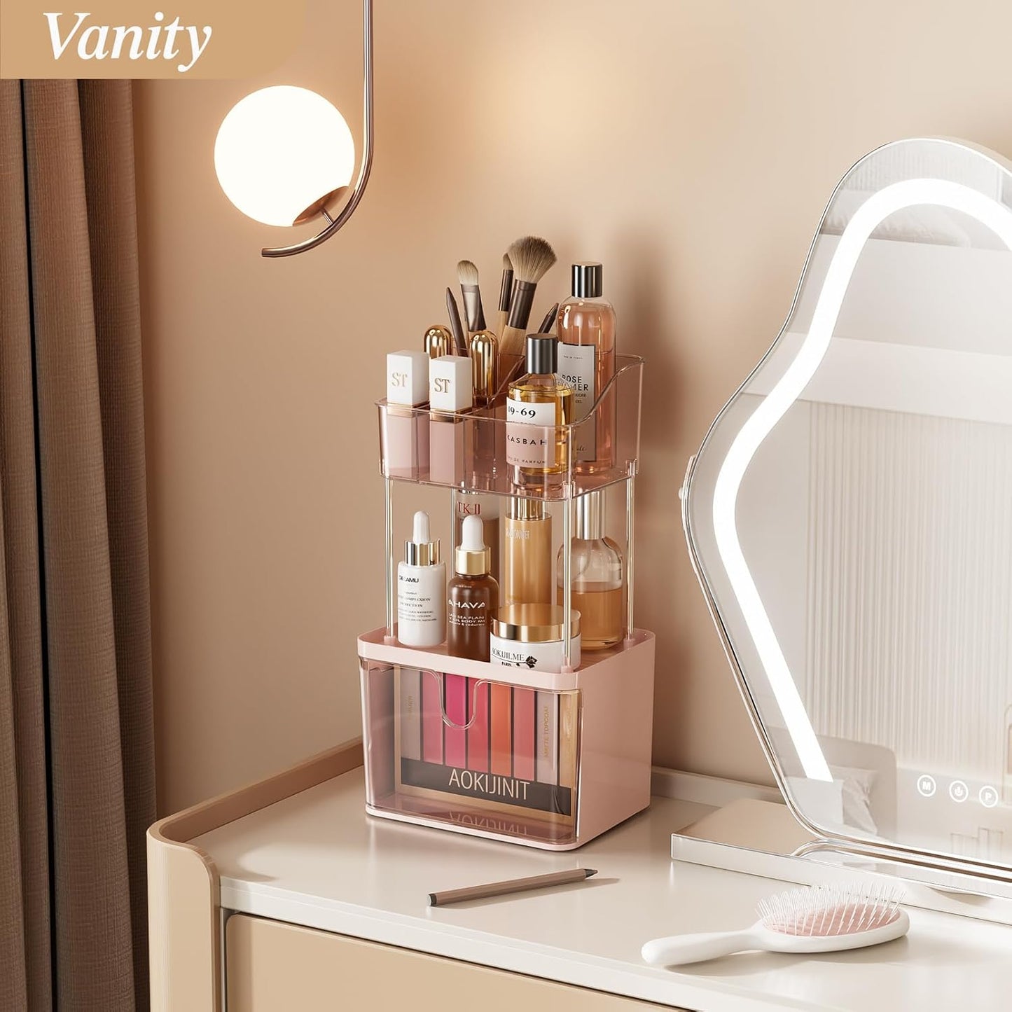 Makeup Organizer Countertop, 3-Tier Vanity Organizer with Large Drawers and Top 6-Grid Section, Suitable for Bathroom Counter, Dresser, Storage for Cosmetics, Skincare, Perfume, Lipstick, Pink