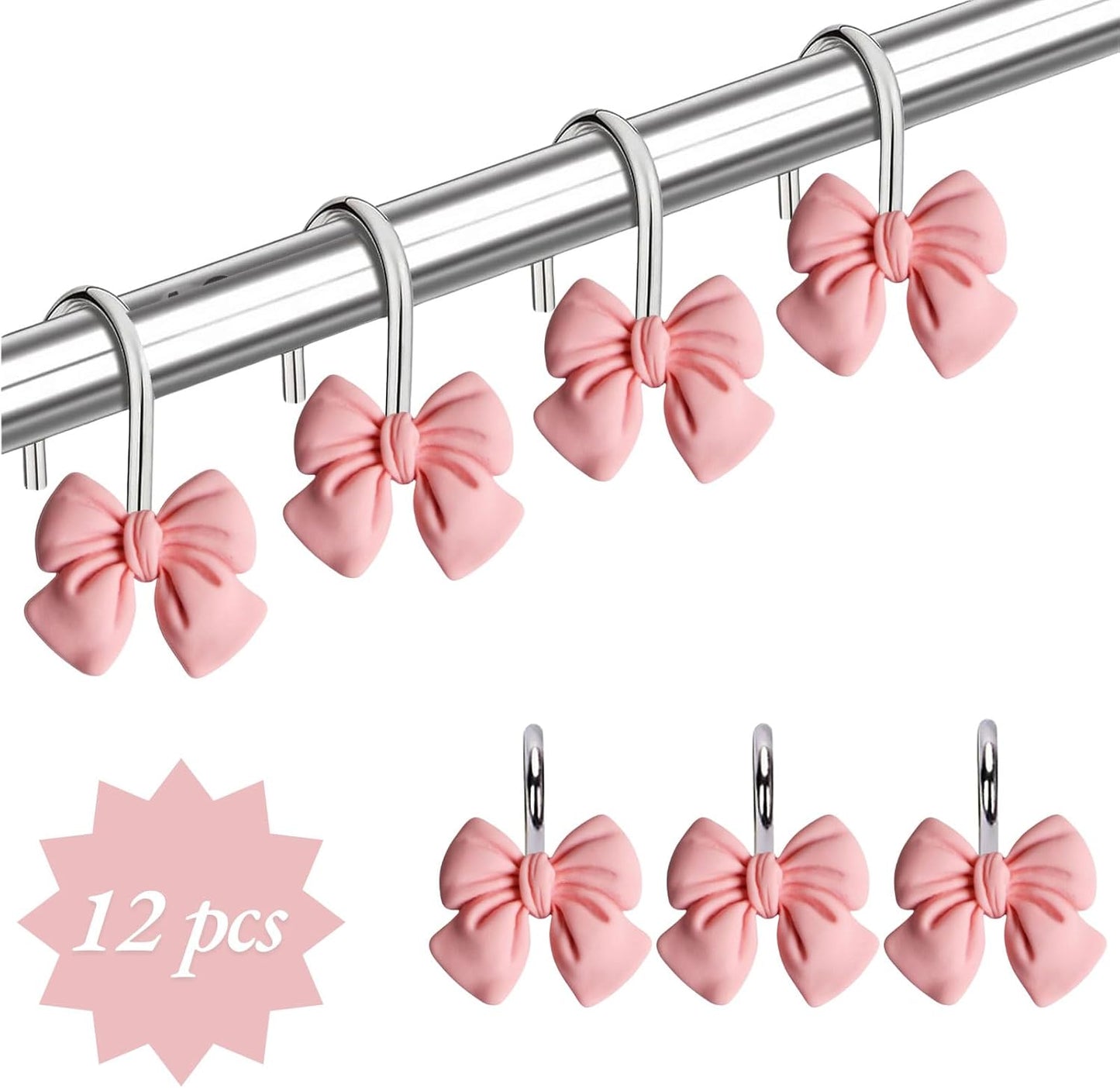 12Pcs Pink Bow Shower Curtain Hooks Set, Kawaii Bow Resin Hooks for Pink Bathroom Decor, Pink Bow Christmas, Coquette Bedroom, Girly Nursery, Cute Home Accessories