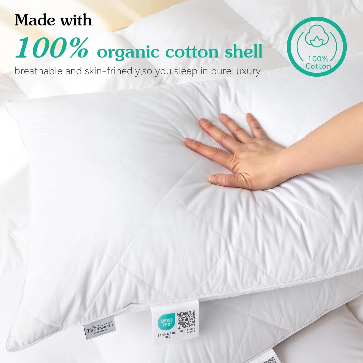 Queen/Standard Size White Goose Feather Bed Pillows Set of 2 - Soft 600 Thread Count 100% Cotton, Medium Firm with Soft Support Surround Fill Polyfiber, White Solid