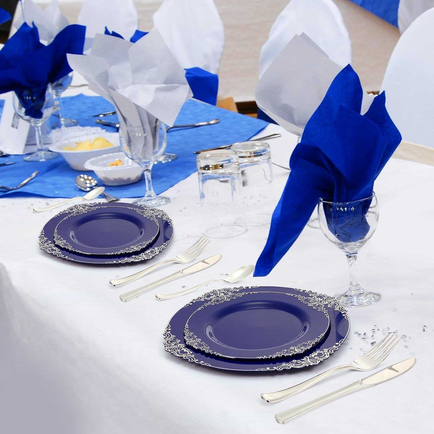 300-Piece Heavy-Duty Navy Blue Plastic Dinnerware Set with Silverware - Includes 50 Dinner Plates (10.2"), 50 Dessert Plates (7.5"), and 150 Silver Utensils for Weddings and Events