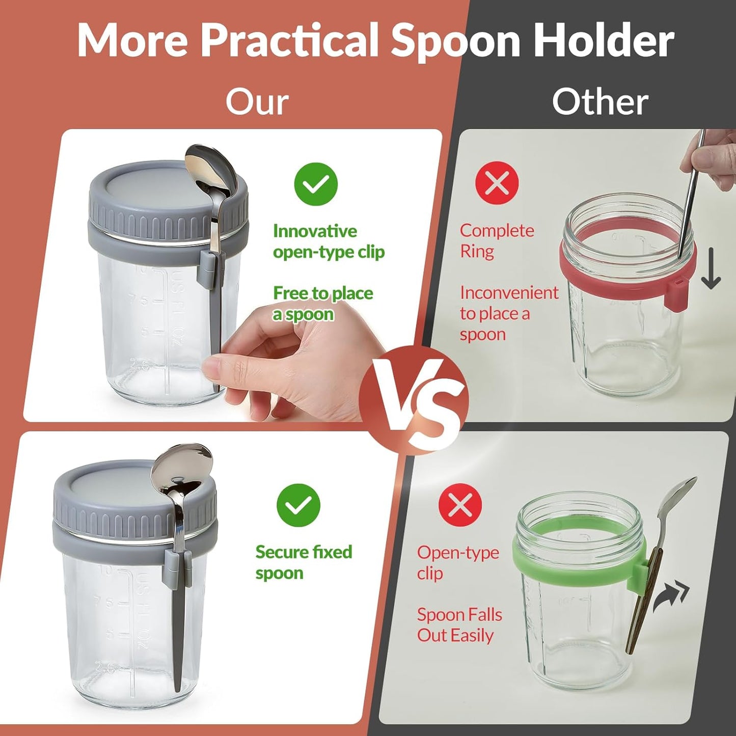 Set of 4 Leak-Proof 16 Oz Glass Mason Jars with Lids and Spoons for Overnight Oats, Cereal, Fruits, Vegetables, Milk, Salad, Yogurt, and Meal Prep