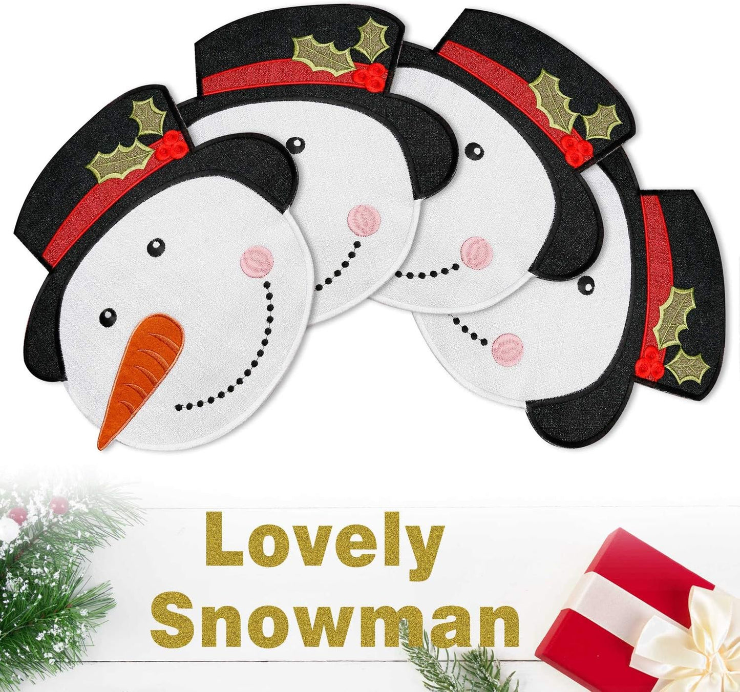 Christmas Placemats Set of 4, Xmas White Snowman round Place Mats for Holiday Kitchen Dining Table, Burlap Embroidered Doilies with Red and Green for Kids, Xmas, Parties, Machine Washable