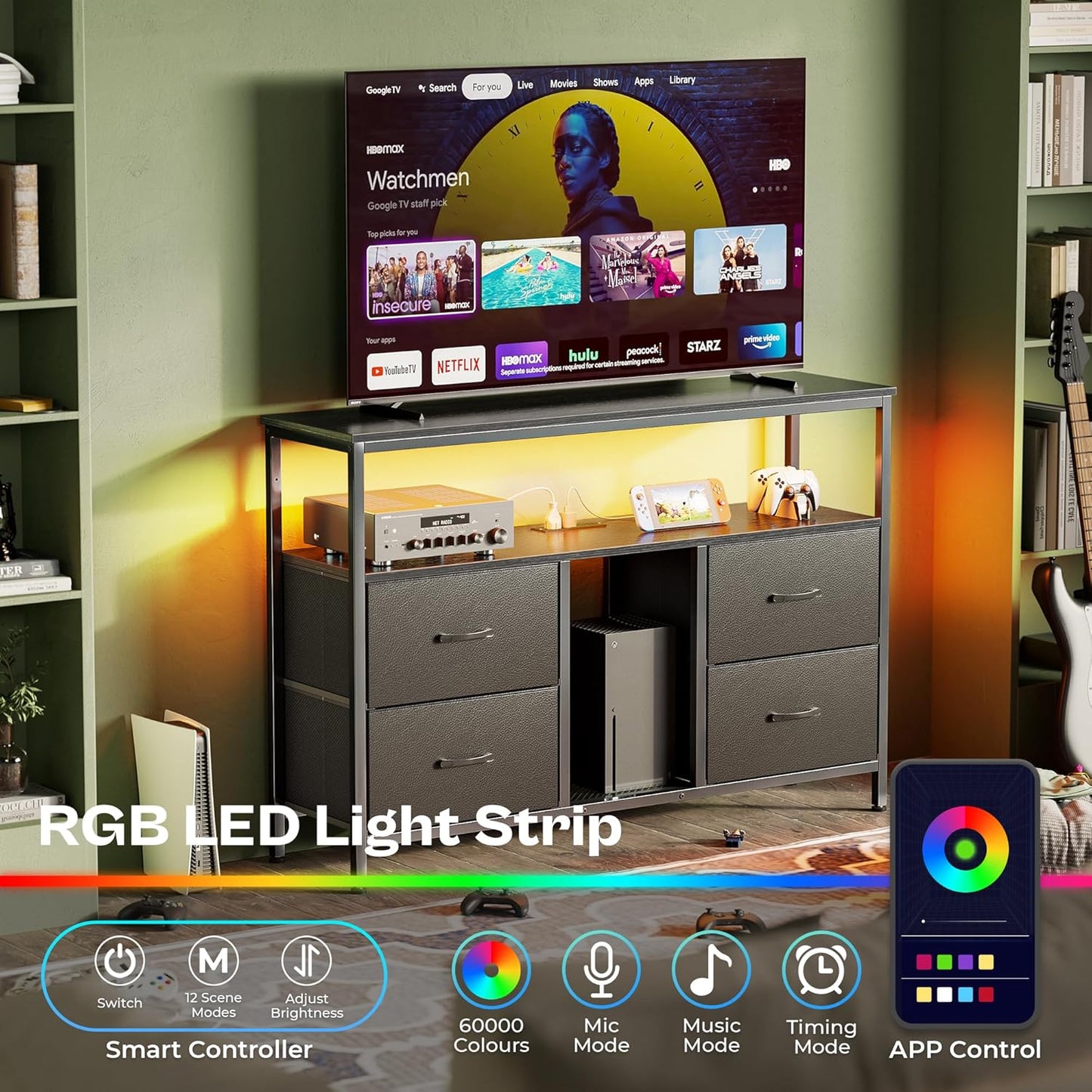 TV Stand Dresser with Integrated Power Outlets and LED Lighting, 4-Drawer Entertainment Center with Open Shelf, Media Console for 43-50 Inch TVs, Black PU Finish