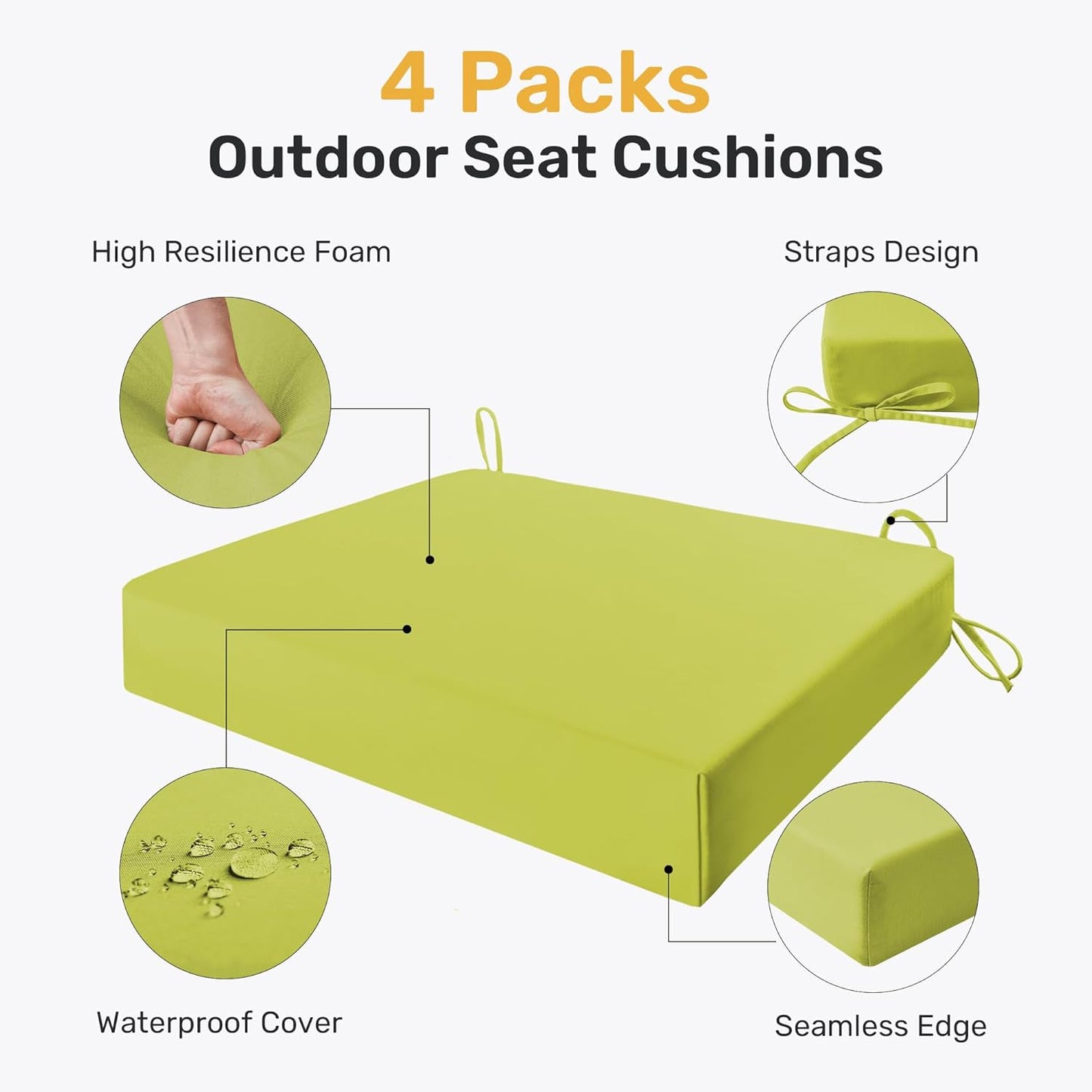 Outdoor Chair Cushions Pack of 4, Water Resistant Patio Cushions with Ties, High Density Sponge Filling Square Corner Seat Cushions for Outdoor Furniture, 18.5"*16"*3", Green Oasis