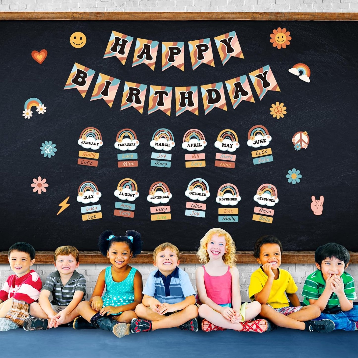 85Pcs Retro Classroom Happy Birthday Buletin Boards Set, Groovy Rainbow Theme Chart Calendar Posters with Glue Point for Kindergarten Prechool Wall Decorations