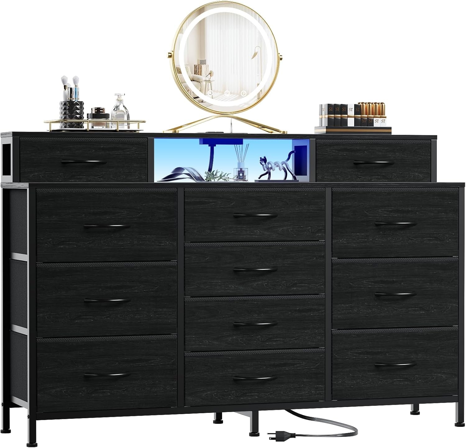 55-Inch Black Dresser with LED Lighting and Power Outlets, Featuring 12 Storage Drawers and 2 Shelves, Ideal for Bedroom, Living Room, or Entryway, Wooden Top with Metal Frame