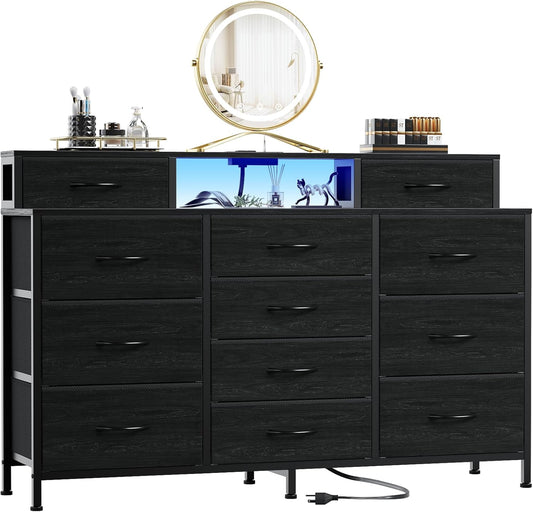 55-Inch Black Dresser with LED Lighting and Power Outlets, Featuring 12 Storage Drawers and 2 Shelves, Ideal for Bedroom, Living Room, or Entryway, Wooden Top with Metal Frame
