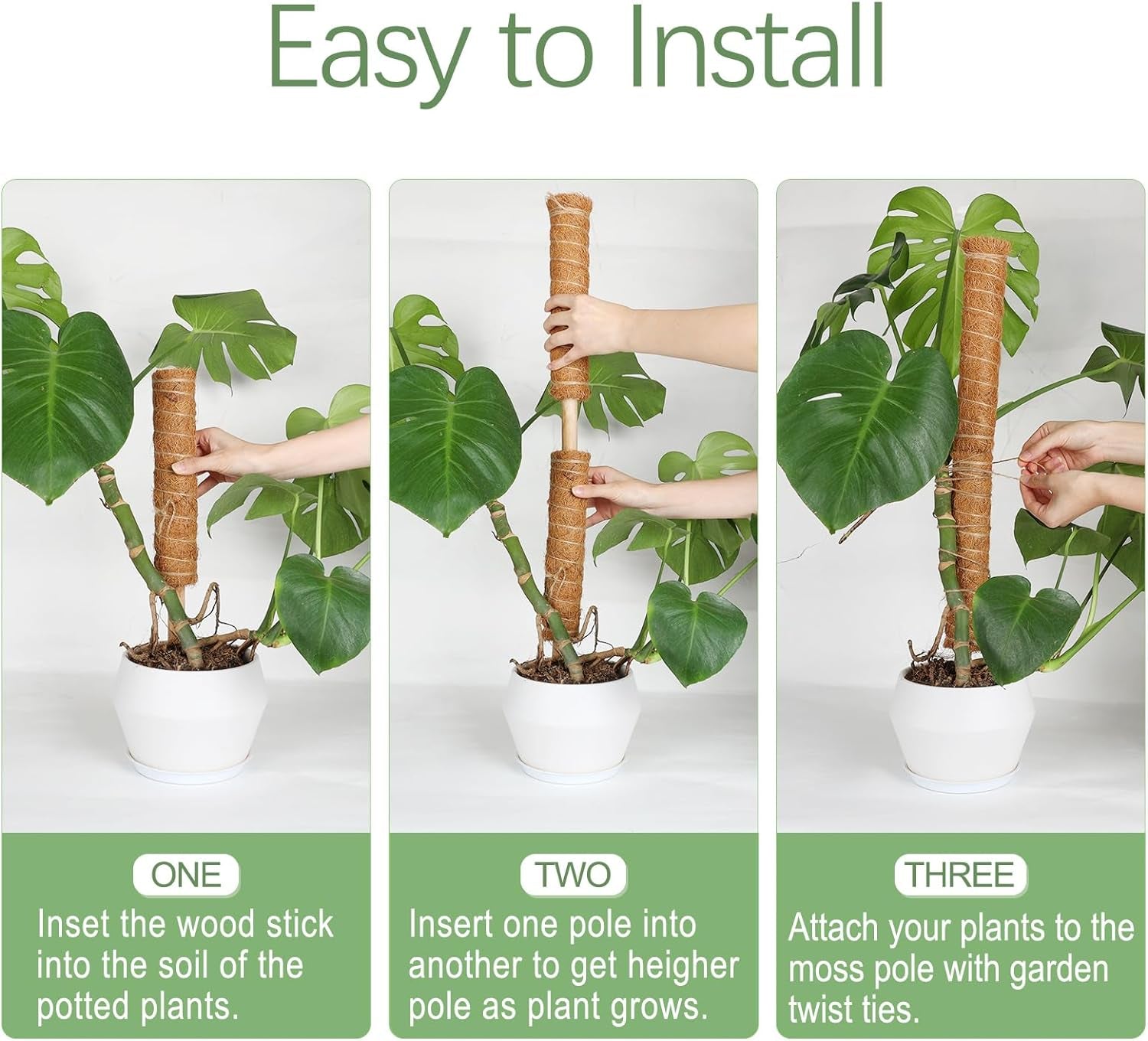 26.4 Inch Moss Pole Monstera Plant Support, 2 Pcs 15.7 Inch Moss Pole for Plants Monstera, Plant Stakes for Indoor Plants with Jute Rope and Name Label