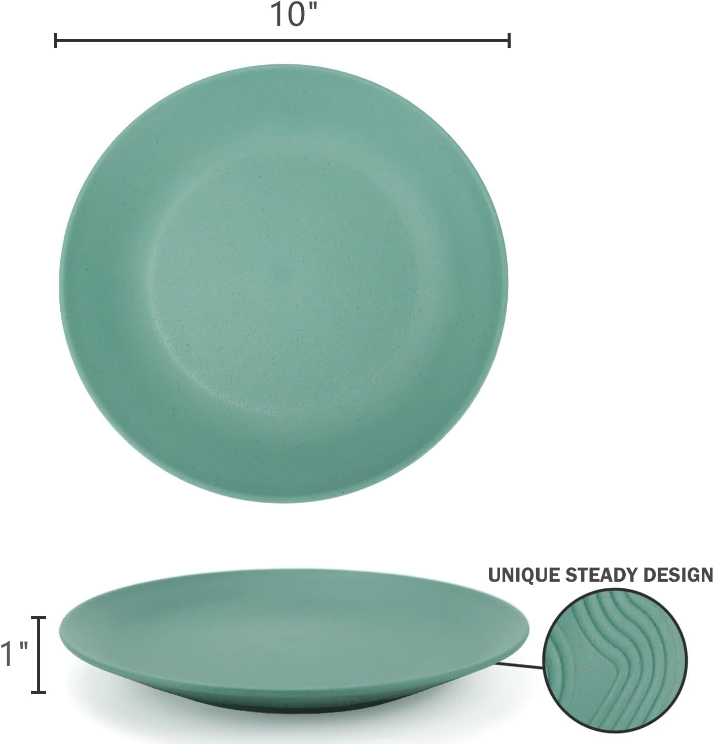Set of 8 Microwave and Dishwasher Safe Wheat Straw Flat Dinner Plates - Unbreakable 10-Inch Kids Plates in Green, Model MS 01