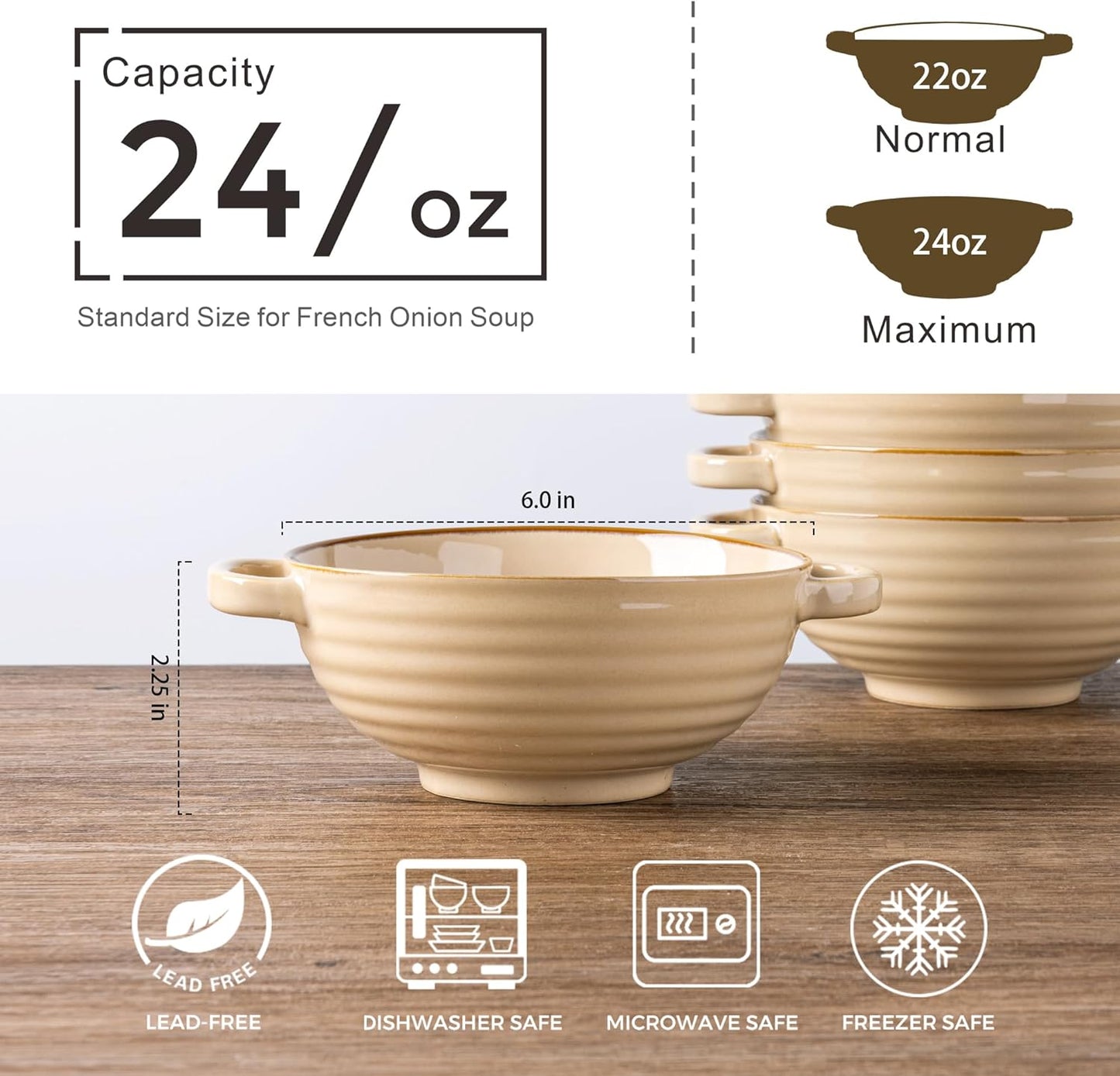 Ceramic Soup Bowls with Double Handles, 24 oz Set of 4 - Ideal for Soup, Cereal, Stew, Salad, Noodles, Ramen - Microwave and Dishwasher Safe