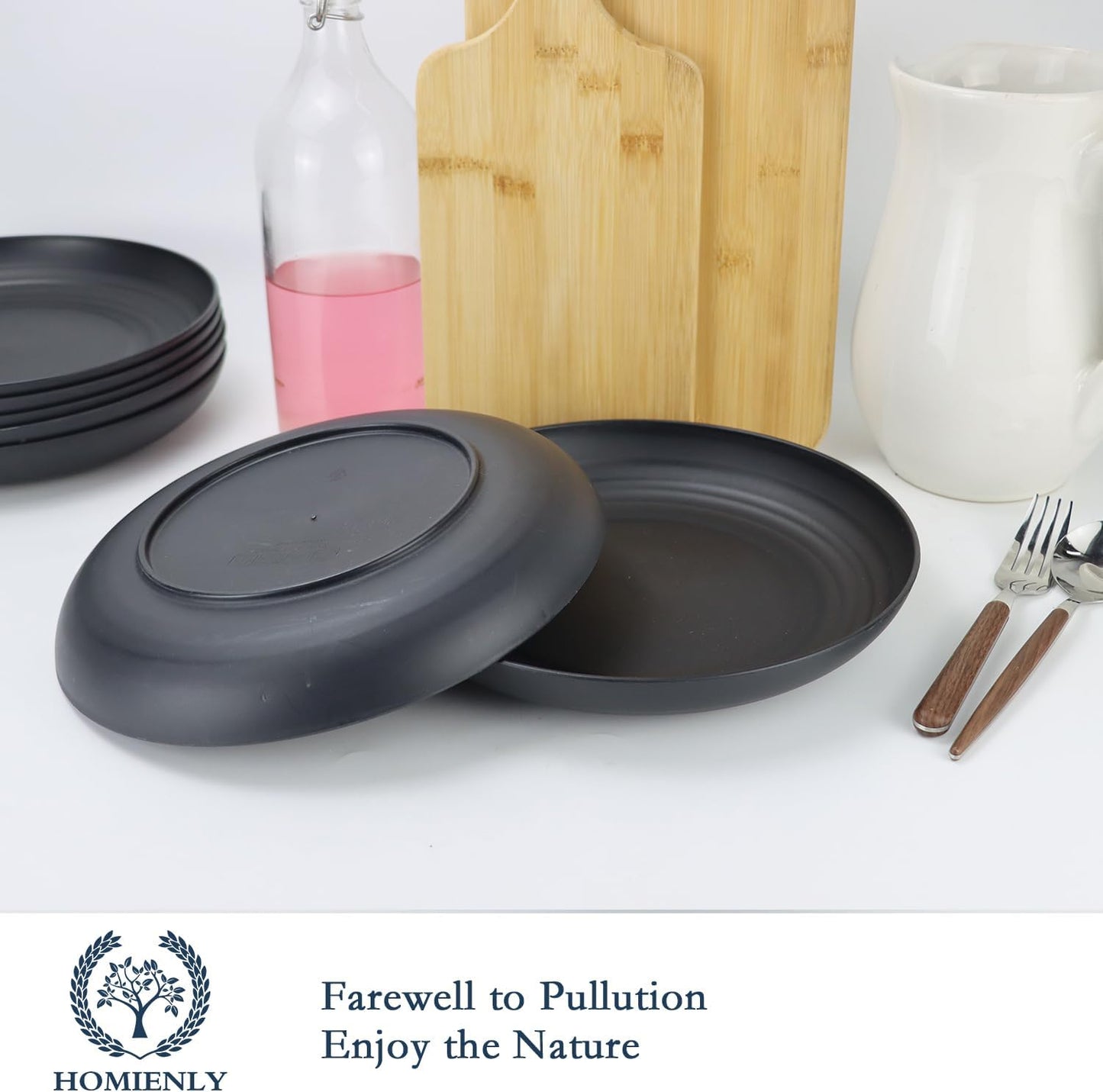 Wheat Straw Deep Dinner Set of 8 - Eco-Friendly, Microwave & Dishwasher Safe, Unbreakable Plates for Kids - Black, 9 Inch