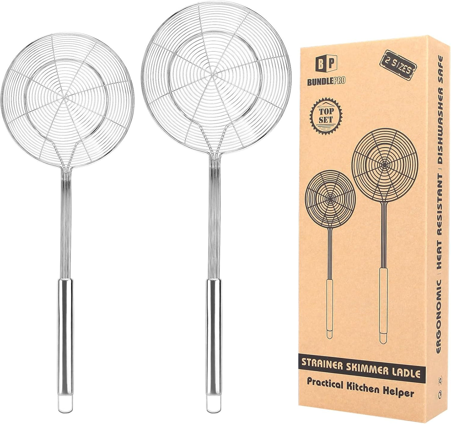 Pack of 2 Large Spider Strainer, Stainless Steel Skimmer Basket,Kitchen Ladle Strainers,Mesh Spoons with Long Handle, Cooking Tools for Frying, Boiling Noodles, Dumplings, Pasta
