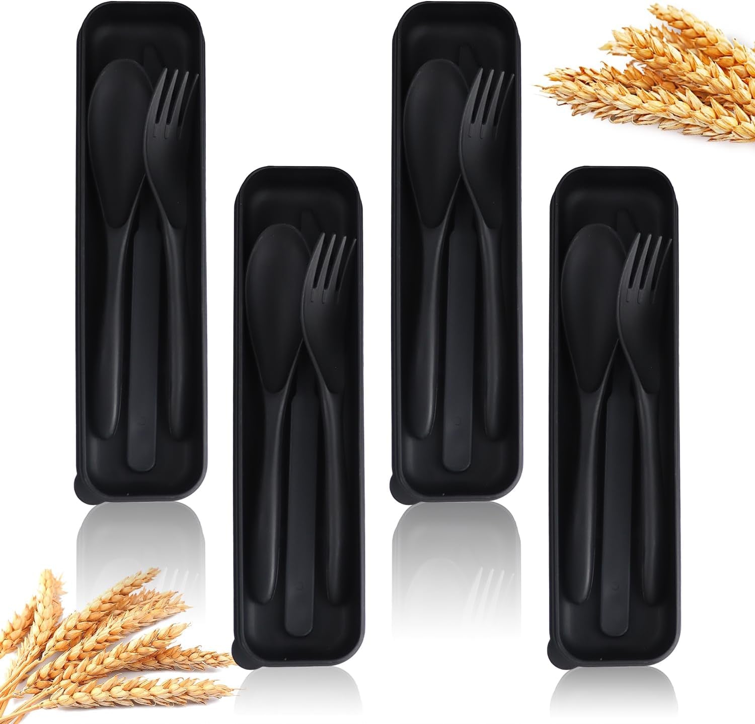 Premium Reusable Travel Utensils Set with Case - 4-Piece Wheat Straw Portable Cutlery for Work, Camping, Picnics, and School (Black)