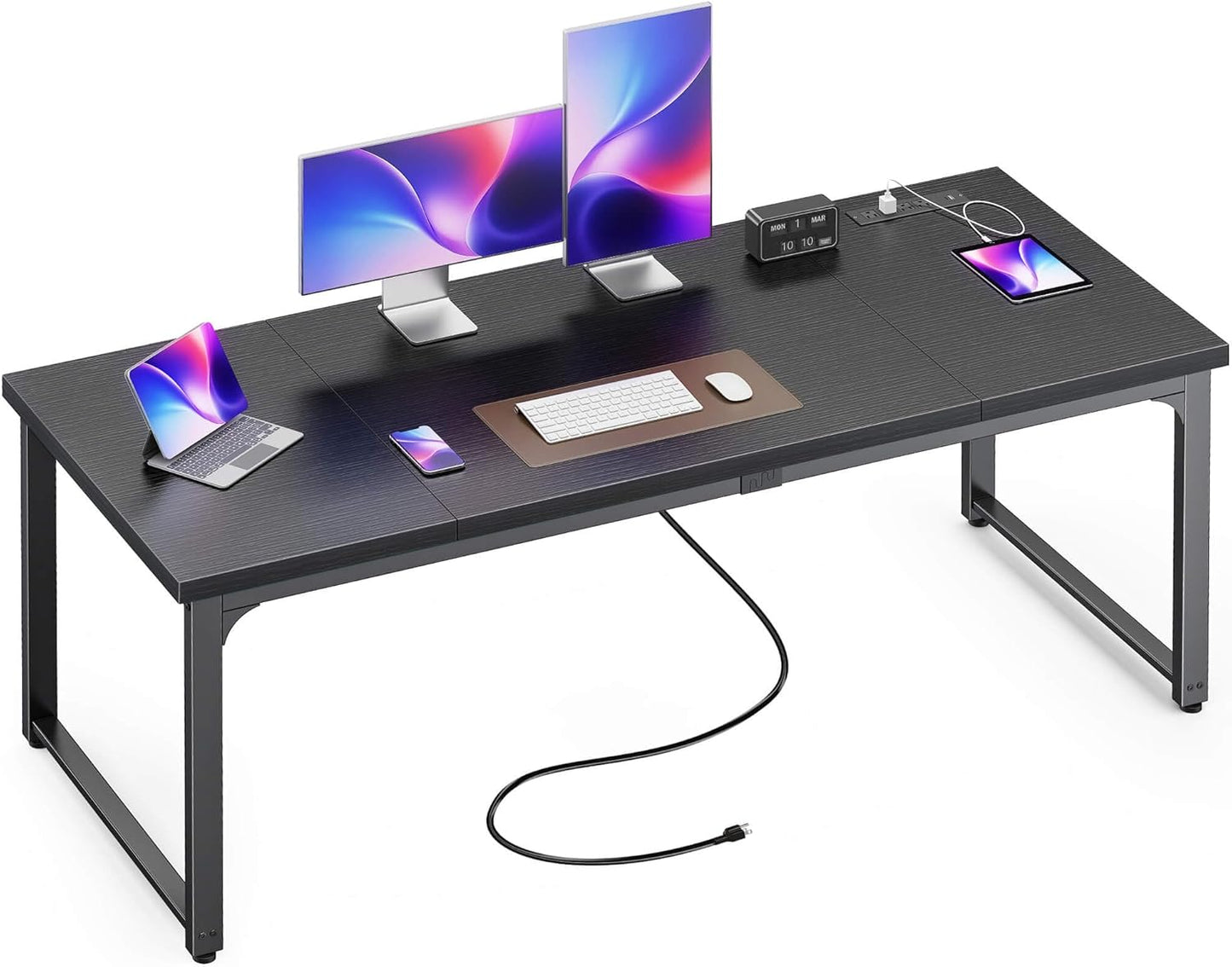 63 x 24 Inch Heavy-Duty Computer Desk with Power Outlets & USB-C, Enhanced Desktop Thickness, Sturdy Metal Frame, Ideal for Home Office and Gaming, Black