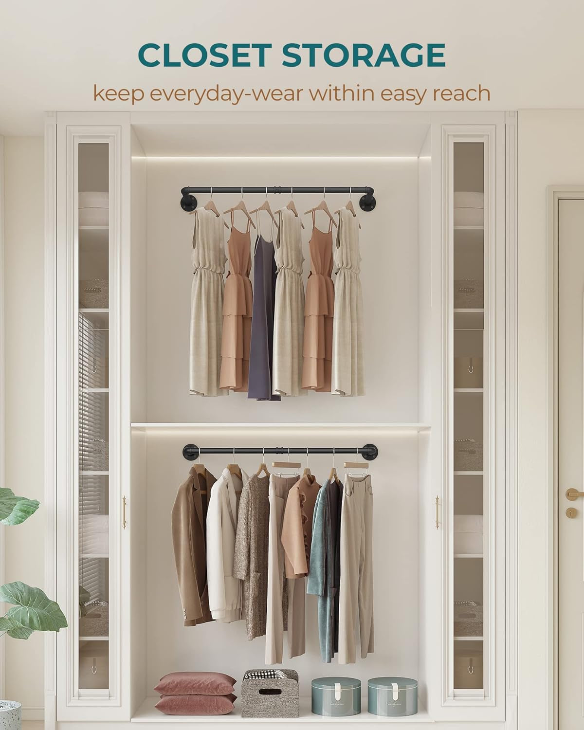 Industrial Pipe Clothes Rack Wall Mounted Set of 2, 38.4 Inches Heavy Duty Iron Pipe Clothing Garment Rail, Multi-Purpose Clothing Hanging Rod for Laundry Room and Closet Storage