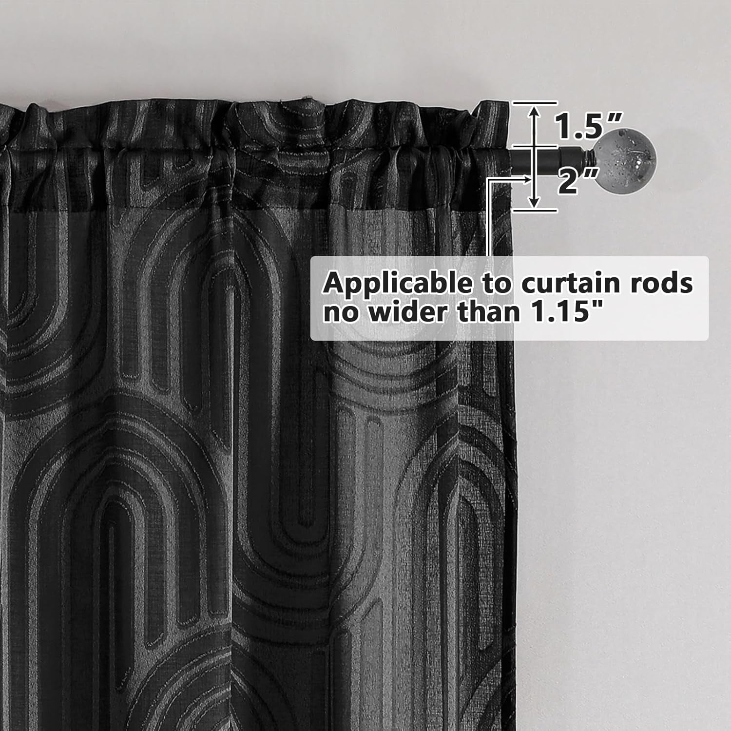 Sheer Black Curtains Kitchen 36 Inch Length 2 Panels Set for Window, Soft Airy Geometric Jacquard Semi Sheer Curtains for Bathroom, Modern Rod Pocket Window Curtains, 42Wx36L Inches