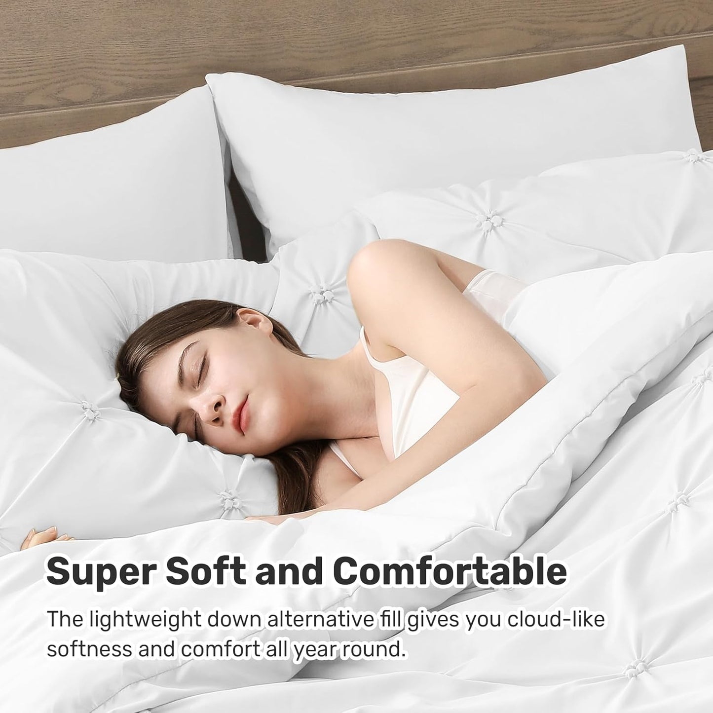 Queen Comforter Set White - Lightweight Soft Pintuck down Alternative Bedding Set for Summer, All Seasons, 3 Pieces Pinch Pleat Solid Bed Set with Comforter, 2 Pillowcases