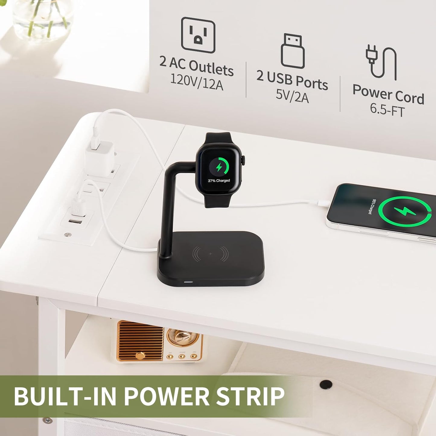 End Table with Charging Station, Narrow Side Table with Adjustable Fabric Drawer, 3-Tier End Tables Living Room, Small Nightstand with Outlets, LED Skinny Night Stand for Bedroom Small Spaces