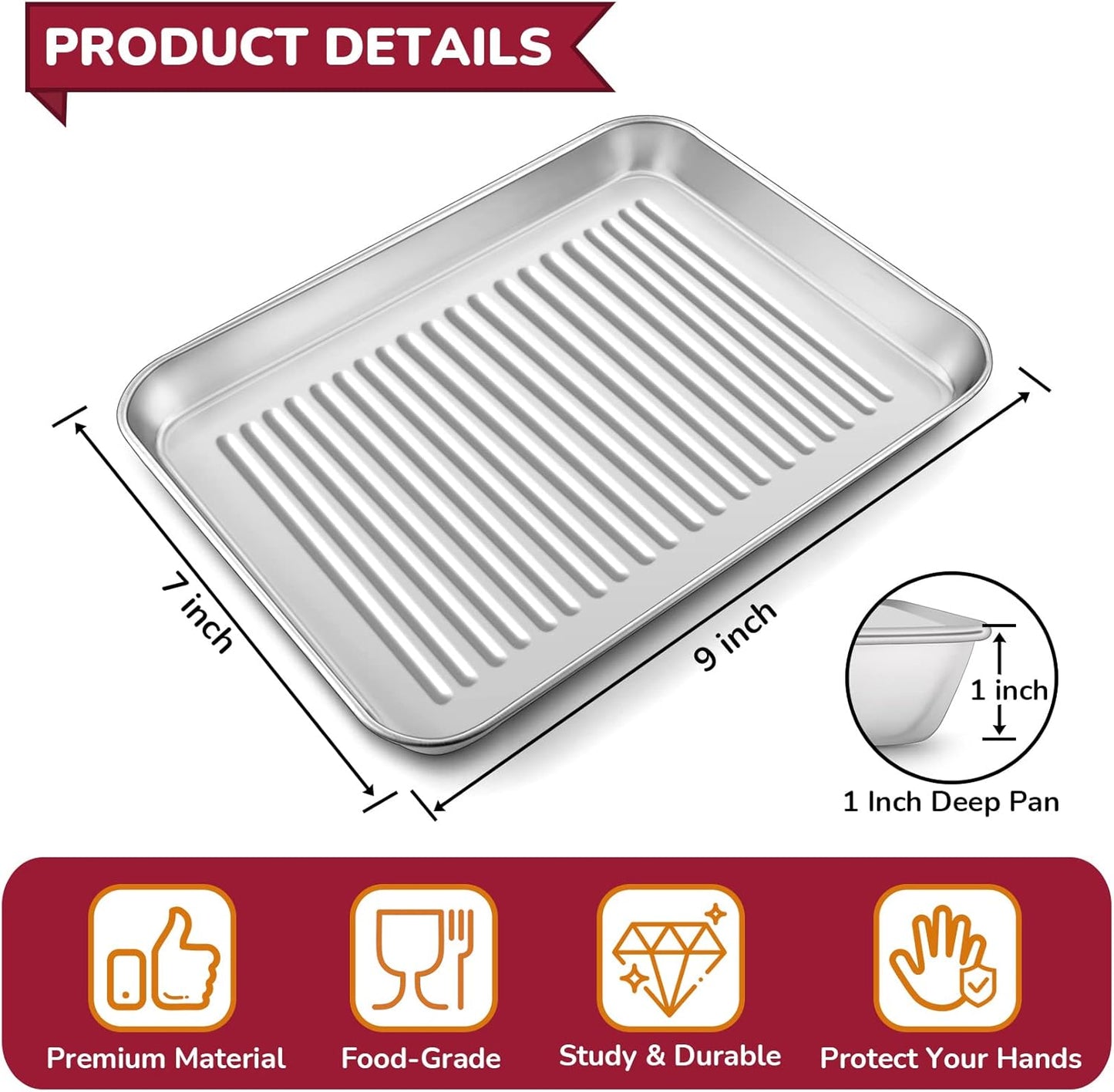 9 X 7 X 1 Inch Mini Toaster Oven Pan, Stainless Steel Small Baking Pan Oven Tray for Cooking & Roasting, Corrugated Bottom, Healthy & Sturdy, Dishwasher Safe - 1Pc