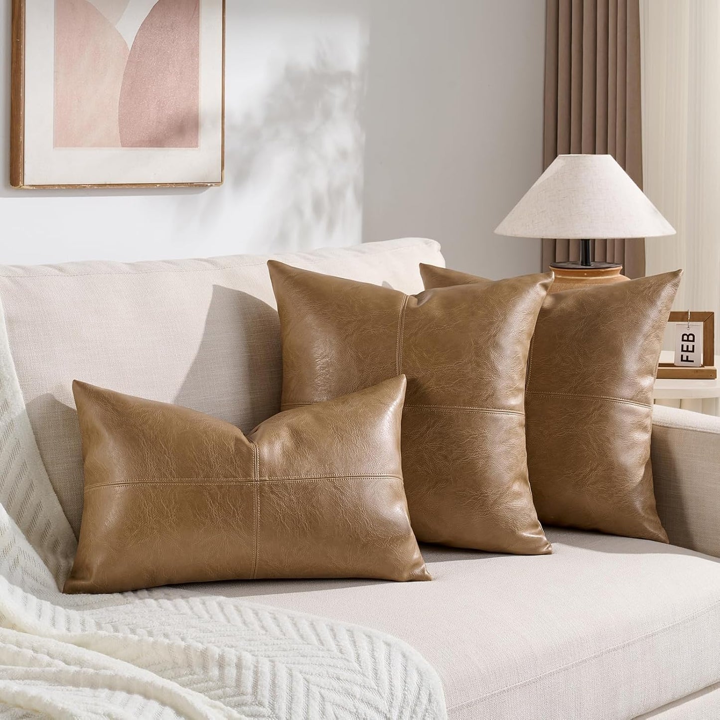 2 Packs Tan Boho Lumbar Faux Leather Decorative Throw Pillow Covers 12X20 Inch for Couch Bed Sofa, Cross Patchwork Textured Rectangle Beige Cushion Case, Western Modern Farmhouse Home Decor
