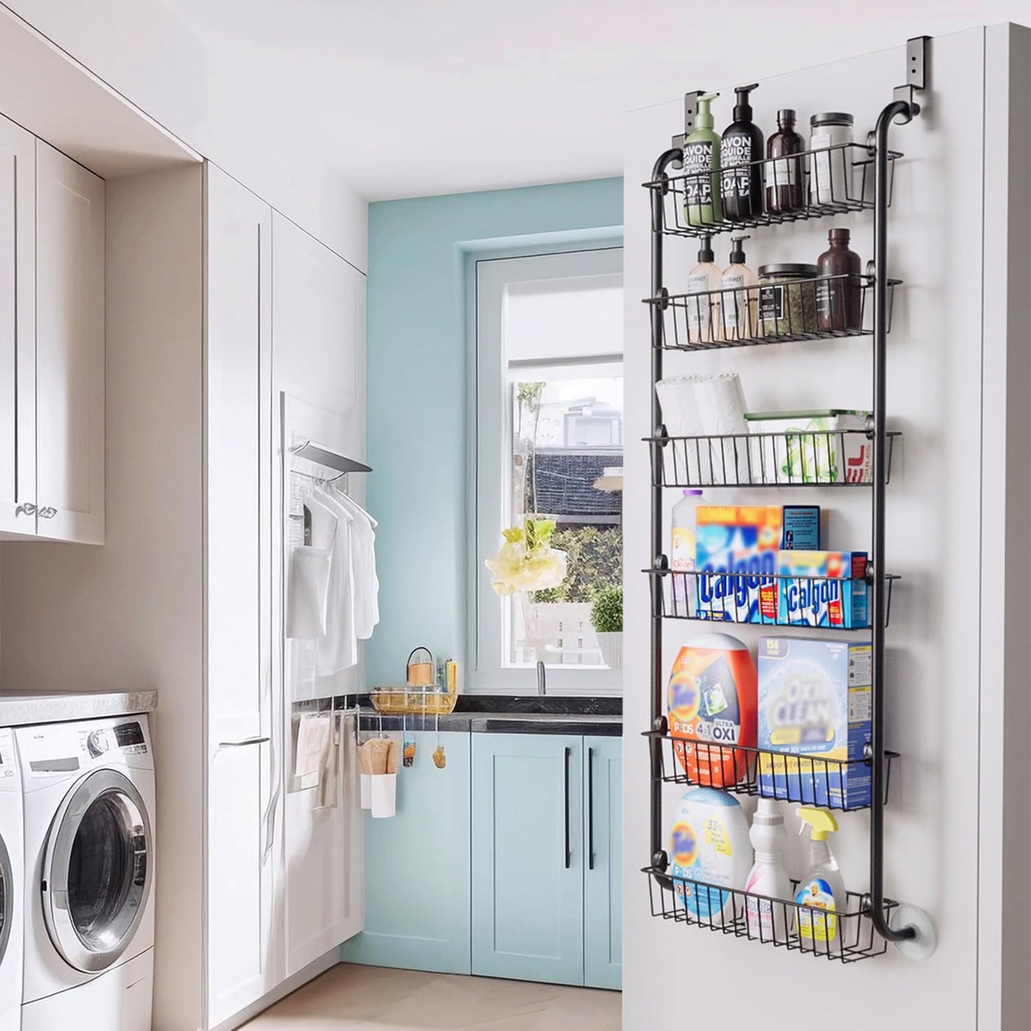 over the Door Pantry Organizer, 6-Tier Metal Pantry Door Organization and Storage, Hanging Kitchen Basket Spice Rack Seasoning Shelves, Cabinet Door Organizer for Easy Install,D5Xw18Xh50Inch