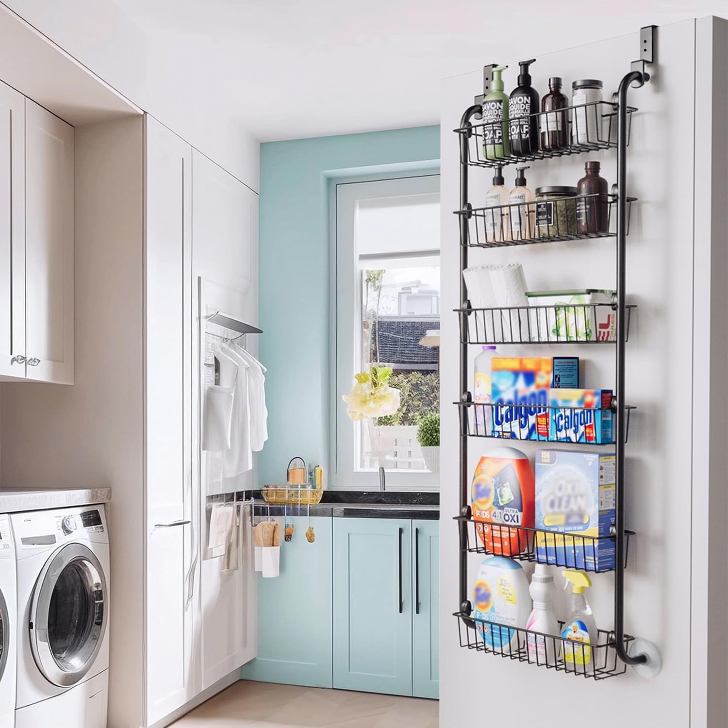 over the Door Pantry Organizer, 6-Tier Metal Pantry Door Organization and Storage, Hanging Kitchen Basket Spice Rack Seasoning Shelves, Cabinet Door Organizer for Easy Install,D5Xw18Xh50Inch