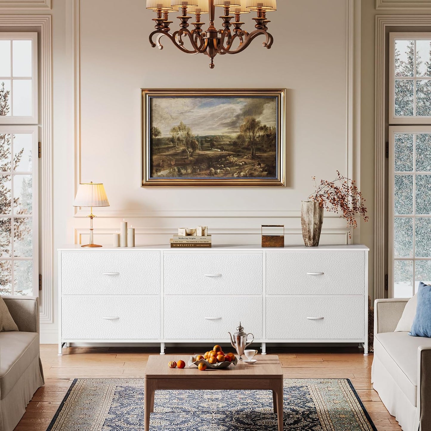 63-Inch Long Dresser and TV Stand for 55 to 70 Inch TVs, 6-Drawer Storage Organizer with Fabric Drawers, PU Leather Finish, Ideal for Bedroom and Entryway, White