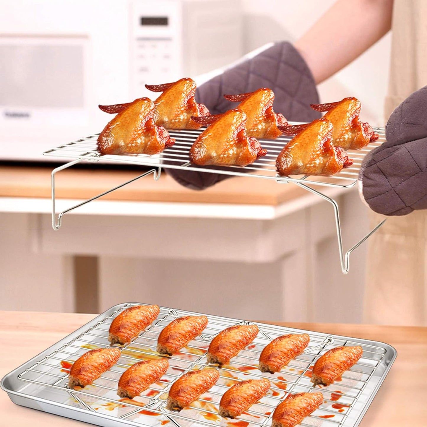 Baking Sheet and 2-Tier Cooling Racks Set,  Stainless Steel Baking Pan Tray with Stackable Cooking Wire Rack for Cookie Bacon Meat, Uncoated & Non-Toxic, Mirror Finish& Dishwasher Safe - 3Pcs