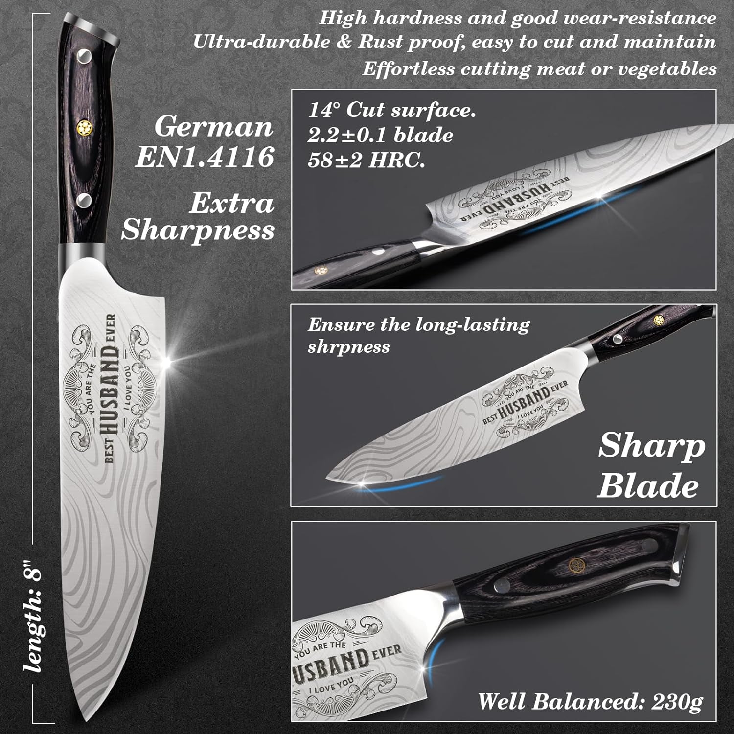 Anniversary Men Gifts for Him Husband, 8 Inch Professional German Stainless Steel 1.41 Chef Knife, Engraved Best Husband Ever Knife Gift, Christmas Anniversary Birthday Gifts for Men Husband
