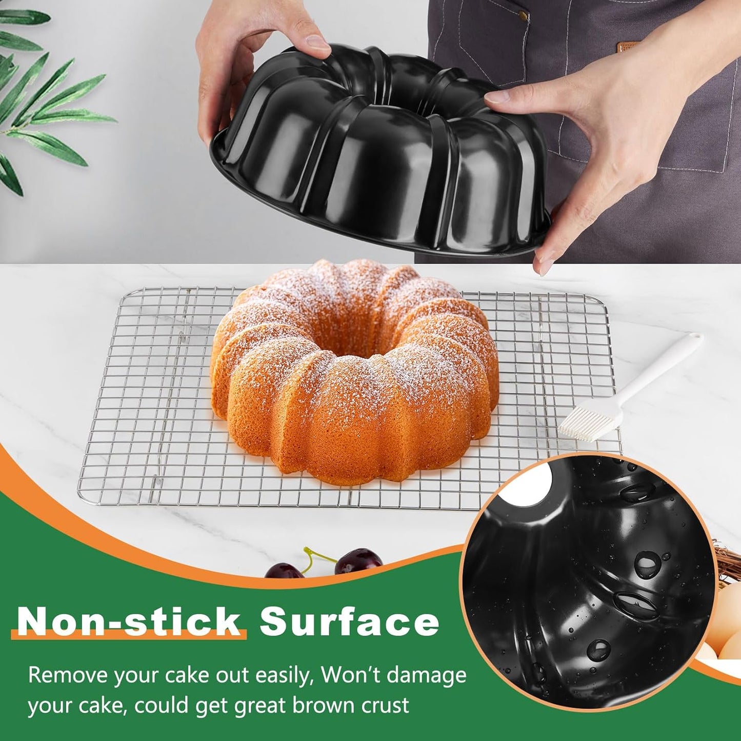 10 Inch Black Non-Stick Cake Pan, Carbon Steel Fluted Tube round Baking Pan for Pound Cake, 10-Cup Large Capacity Bakeware, Healthy & Heavy Duty, 1 Piece