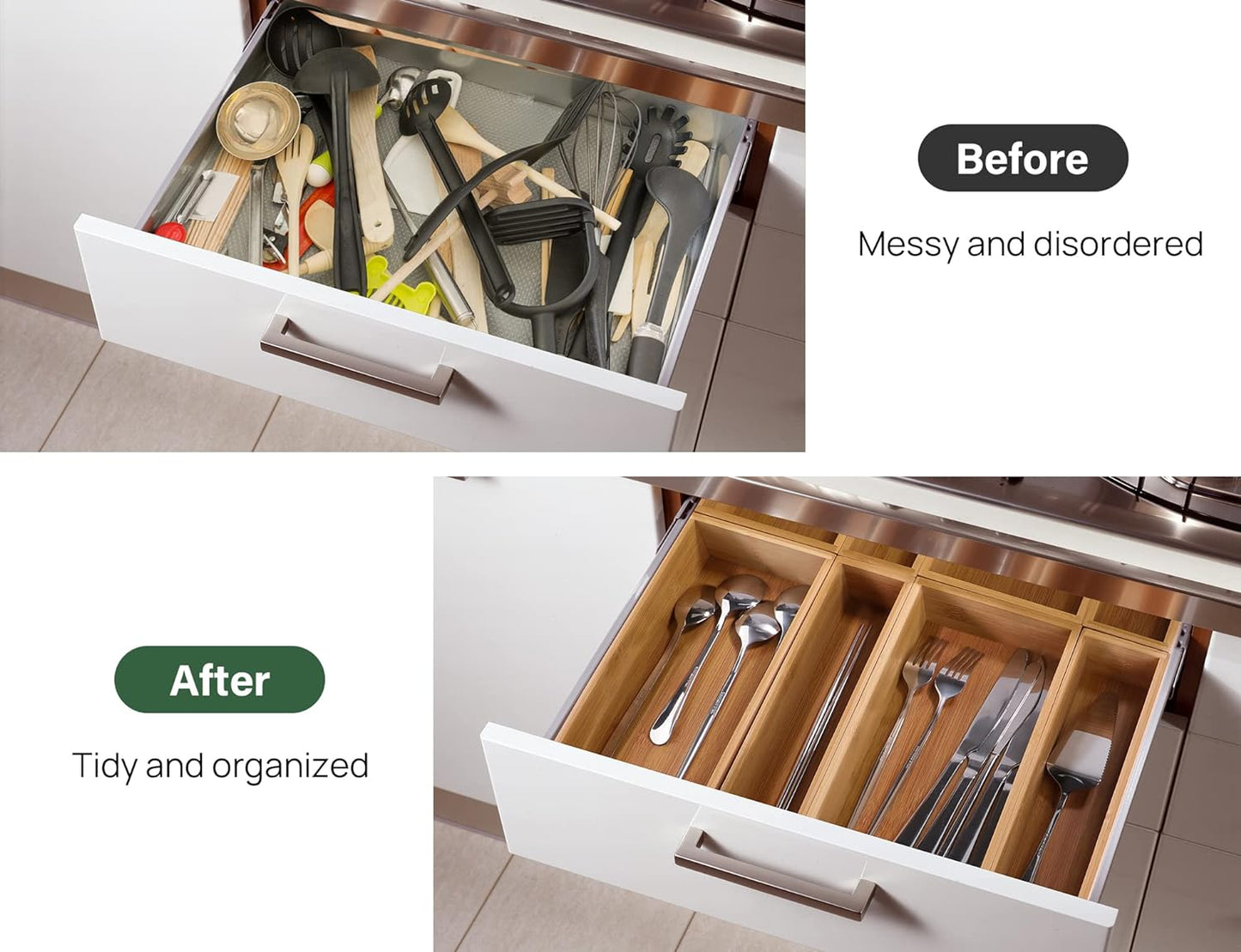 8 Pcs Bamboo Drawer Organizer Utensil Tray Kitchen Storage Box 4-Size Versatile Dividers Cutlery Holders Bins Containers for Flatware Kitchen Utensils