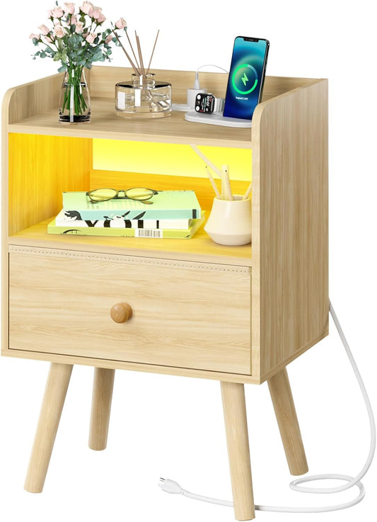 Nightstand with Charging Station, Modern Night Stand with LED Lights, Wood Nightstands with Fabric Drawer & Storage Shelf, Night Stands Bedside Table with USB Ports for Bedroom, Office, Home