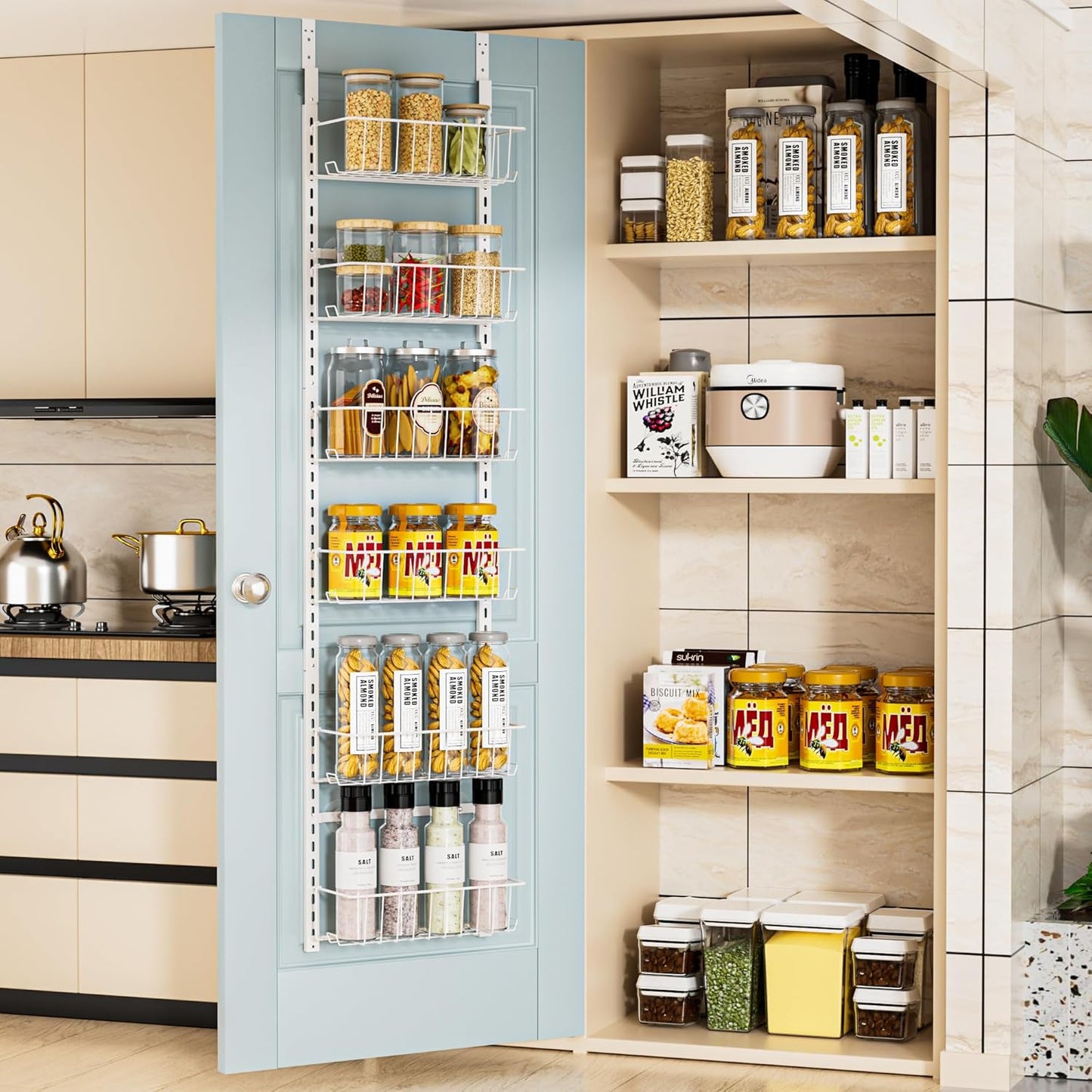 Pantry Door Organizer, Adjustable Metal over the Door Pantry Organizer Rack, 6-Tier over the Door Spice Rack, Kitchen Pantry Door Organizers and Storage, D5 W12 H52.1 Inch, White, Small