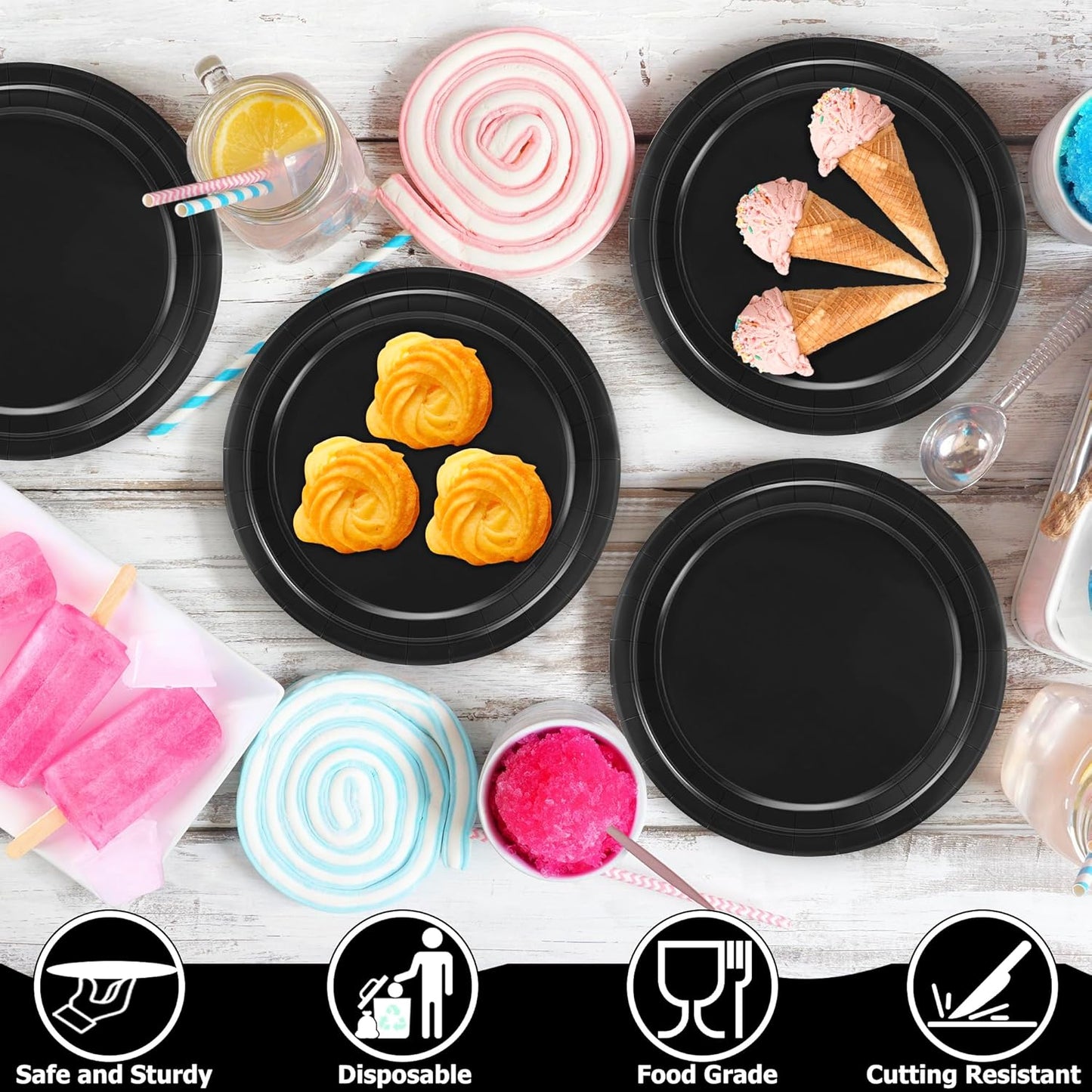 50 Count Black 7 Inch round Paper Plates, Heavy Duty Disposable Dinnerware for Parties, Weddings, Bbqs, Birthdays, Picnics