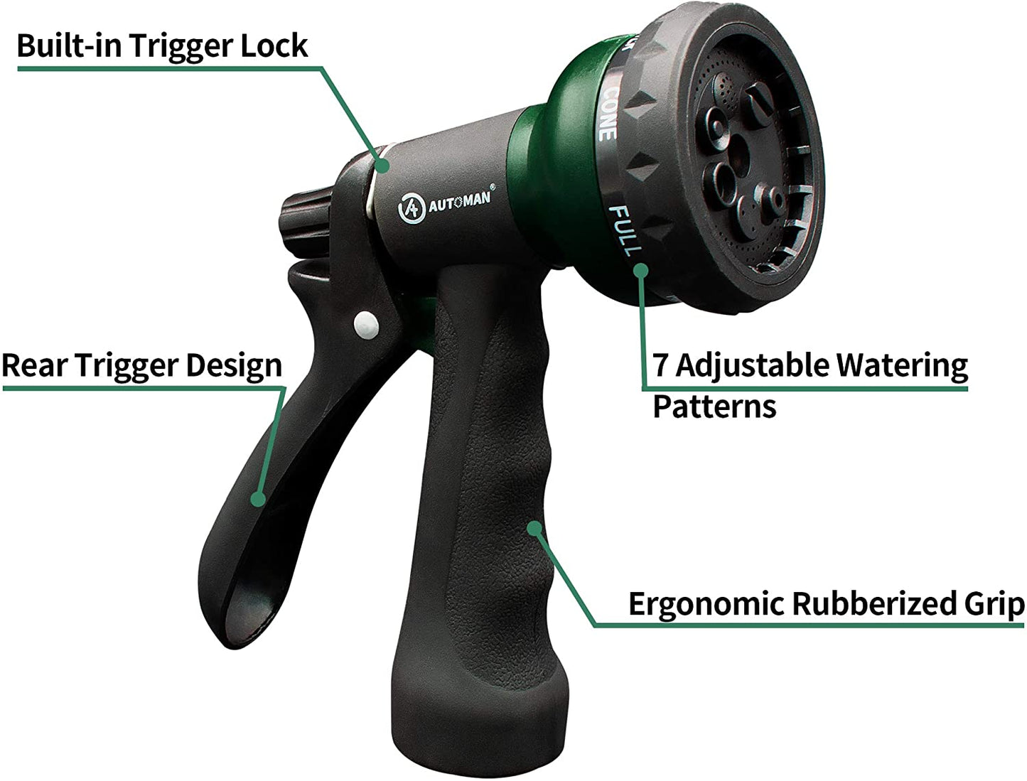 -Garden-Hose-Nozzle, ABS Water Spray Nozzle with 7 Adjustable Watering Patterns, Slip Resistant for Watering Plants, Lawn& Garden, Washing Cars, Cleaning, Showering Pets & Outdoor Fun.