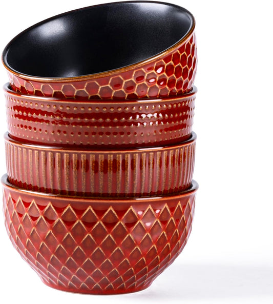 Set of 4 Textured Stoneware Cereal Bowls, 24 Oz Ceramic Soup Bowls Ideal for Soup, Oatmeal, and Snacks - Rythmic Red, Perfect for Weddings and Housewarming Gifts