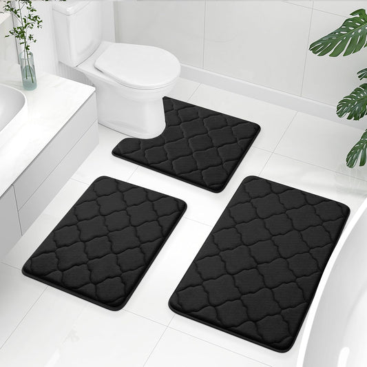 Memory Foam Bath Mat Set of 3 Piece, Bathroom Rugs and Toilet Rug U-Shaped, Ultra Soft and Absorbent, Comfortable, Non-Slip, Machine Washable, Shower and Home Decor Accessories, Black