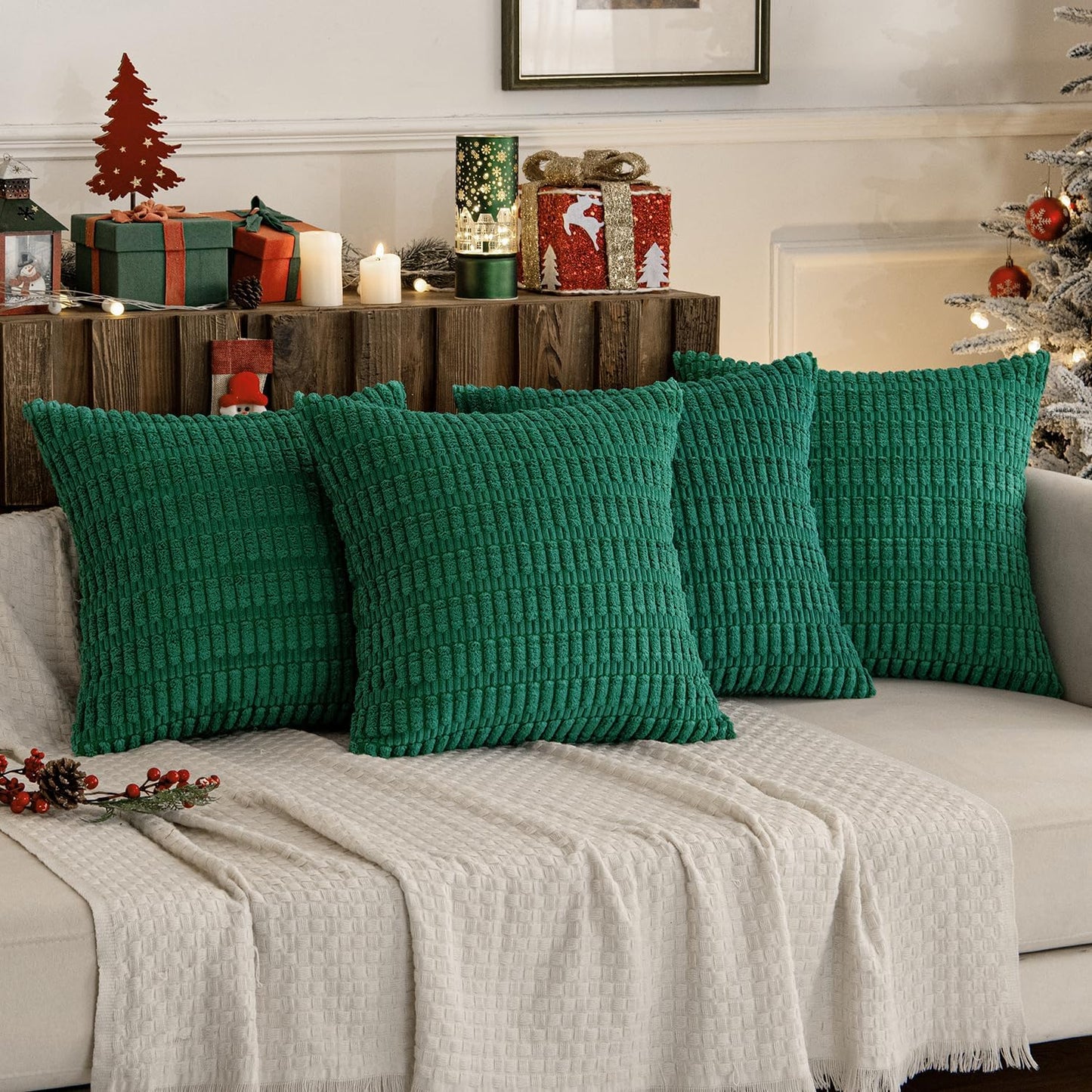 Pack of 4 Forest Green Corduroy Decorative Throw Pillow Covers 18X18 Inch Soft Boho Striped Pillow Covers Modern Farmhouse Home Decor for Sofa Living Room Couch Bed