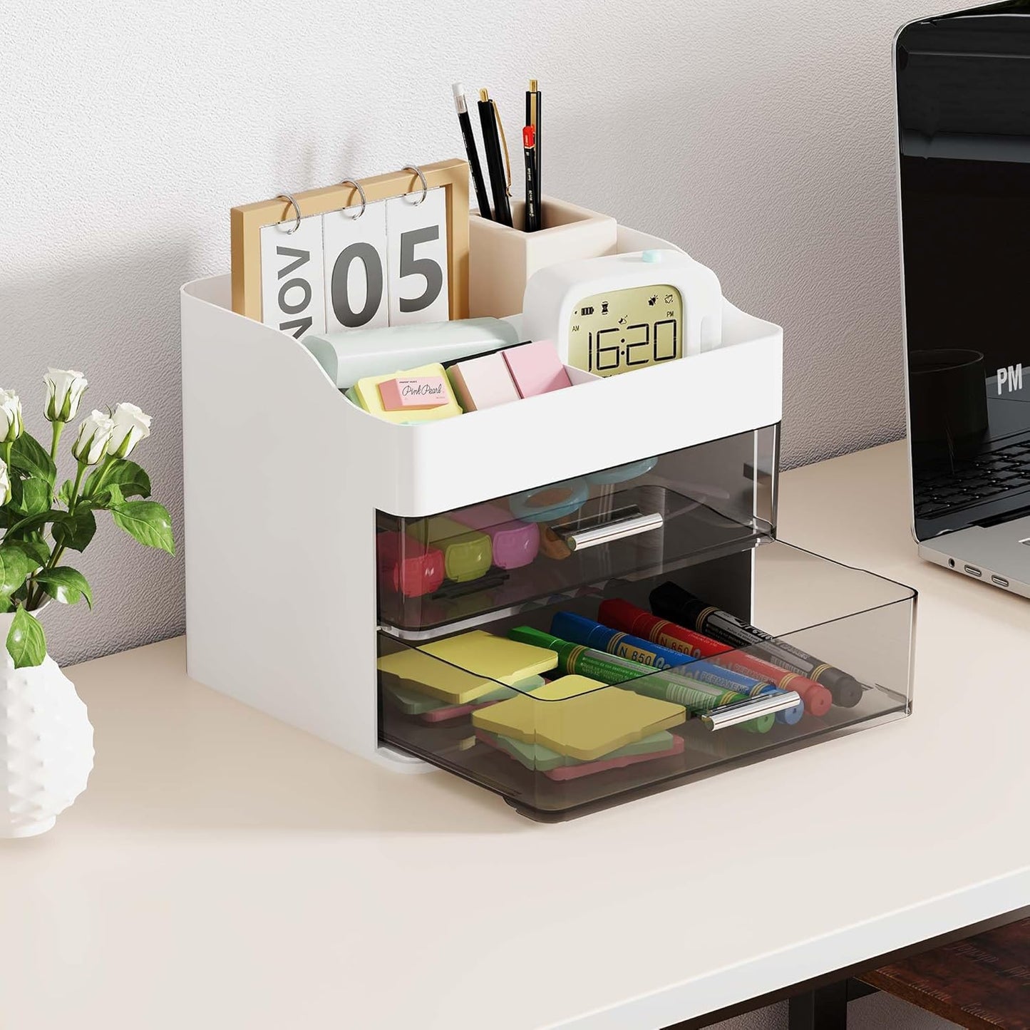 Makeup Organizer Countertop, 3-Tier Large Capacity Bathroom Counter Organizer with 2 Clear Drawers for Easy Access, Ideal for Makeup, Skincare, Lipsticks, Office Supplies, Present, Etc, White