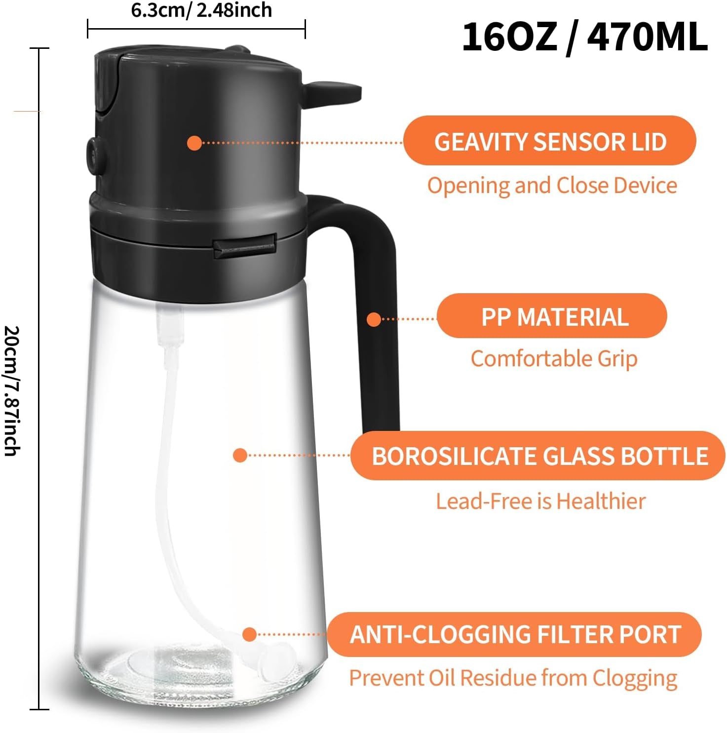 16Oz/470Ml Easy Refillable Oil Sprayer for Cooking, 2 in 1 Oil Dispenser for Kitchen and Oil Sprayer Bottle, Food-Grade Glass Oil Mister with Simple Open Design, Air Fryer,Bbq (Black)
