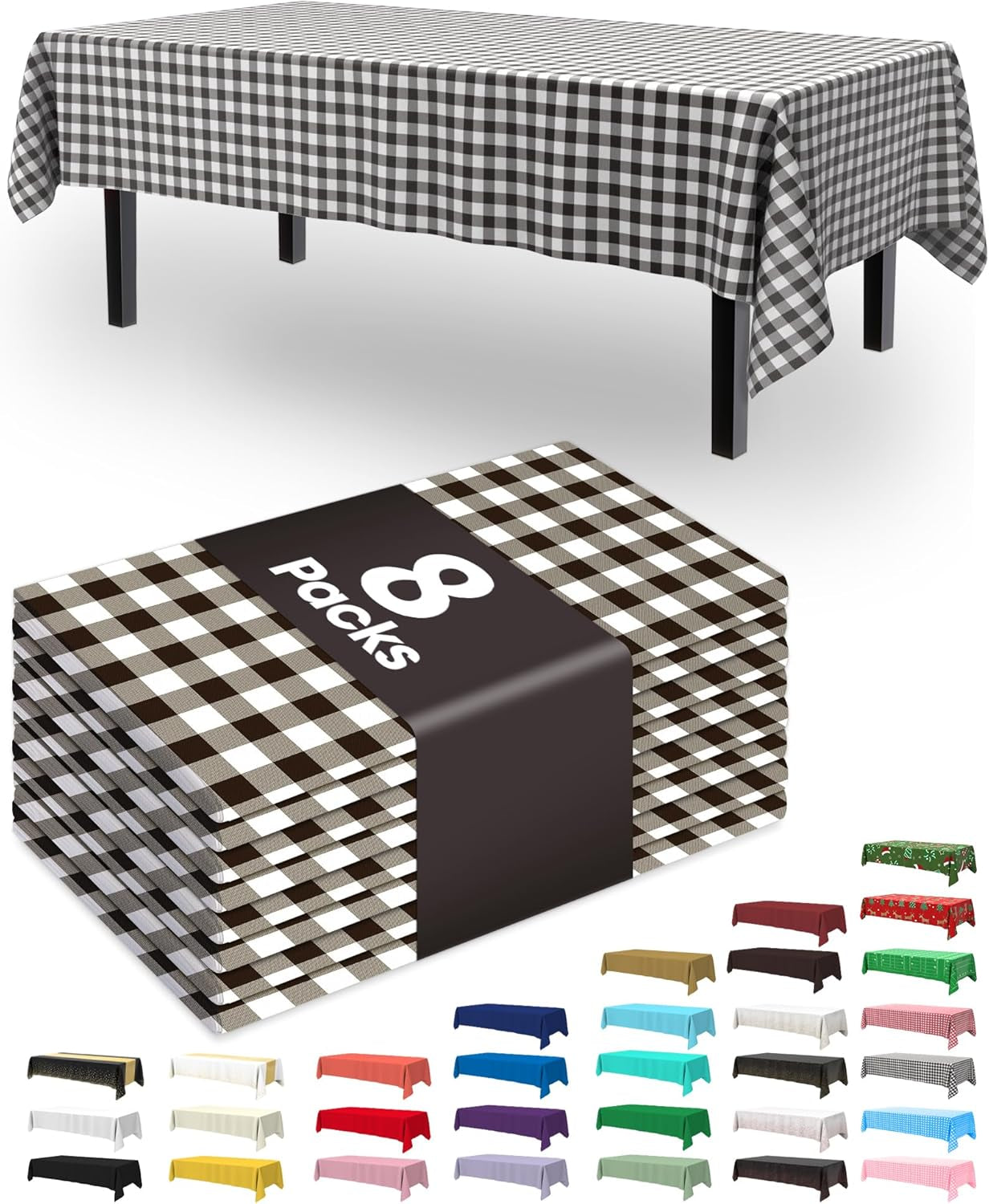Plastic Table Cloth Disposable 8 Pack, 54 X 108 Inch Table Cloths, Party, Picnic, Decorative Gingham Tablecloths, Rectangle, Black and White Checkered Cover, Leakproof & Sturdy, Black Plaid