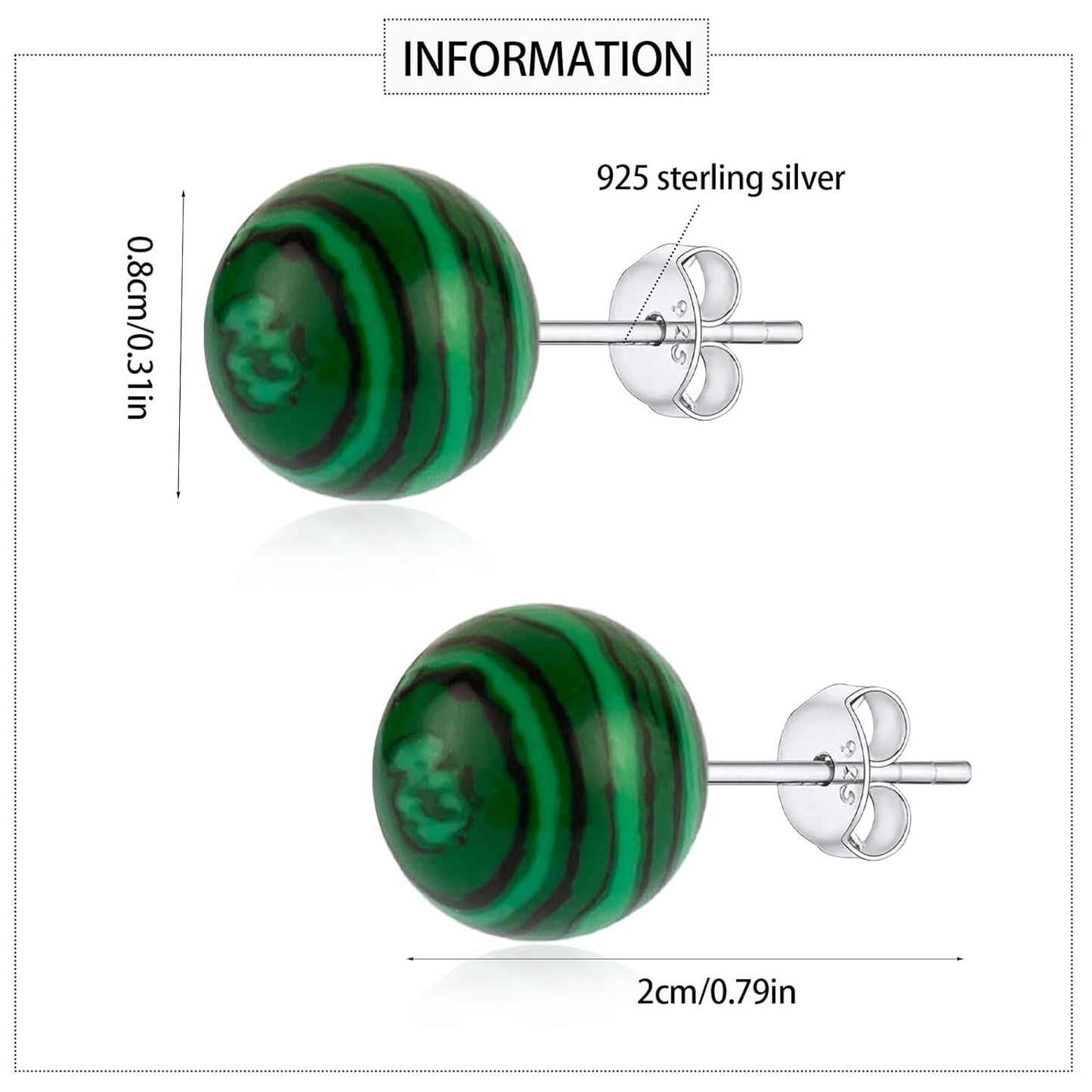 Mother'S Day Handmade Natural Stone Earrings 8Mm Handmade Healing Earrings Green Peacock Stone Stud Earrings Jewelry Gifts for Women (Malachite)