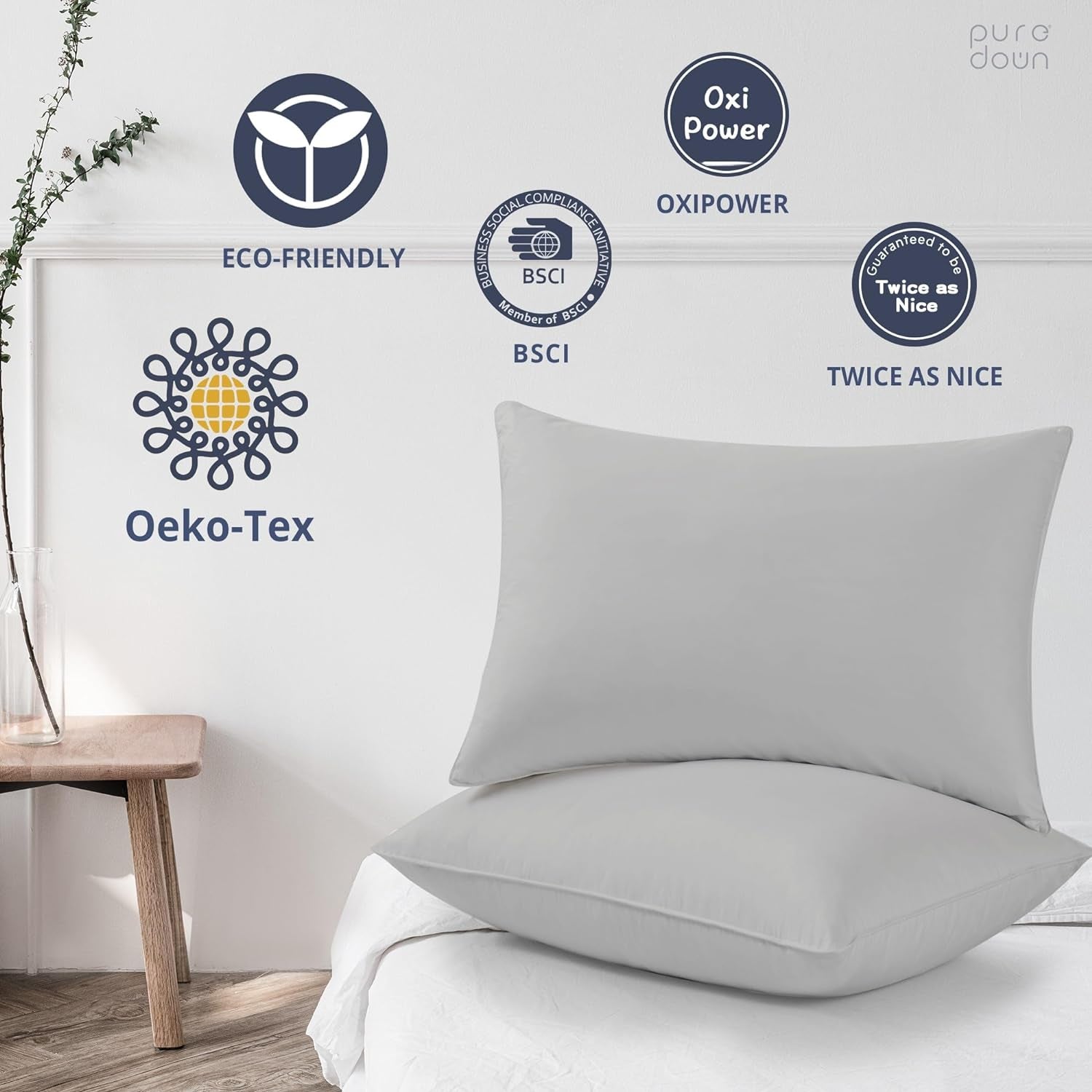 Goose Feathers down Pillows - Standard Size Bed Sleeping Hotel Collection Pillows Set of 2 with 100% Cotton Cover, Grey