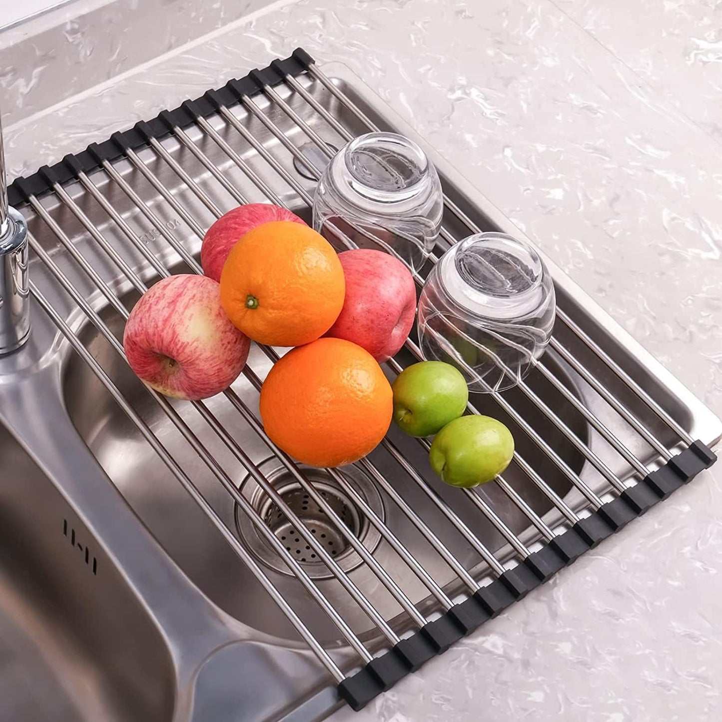 Roll up Dish Drying Rack over the Sink Drying Rack for Kitchen, Folding Dish Rack over Sink Mat, Stainless Steel Dish Drainer Rack Kitchen Organizer Accessories Black 17"X11.8"