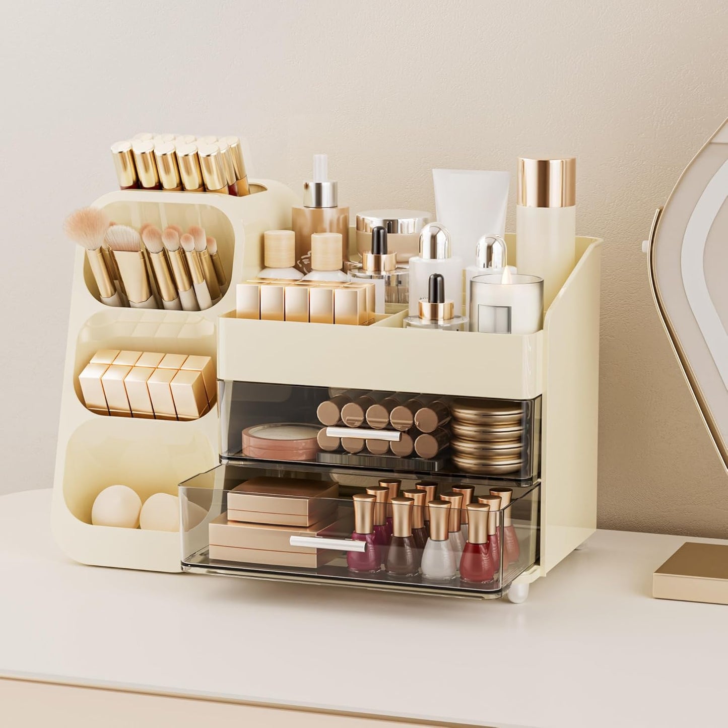 Makeup Organizer with Drawers for Vanity, Spacious Cosmetic Display Case with Makeup Brush Holder, Perfect Vanity Bathroom Organizer and Storage Solution for Skincare & Beauty Essentials, Beige