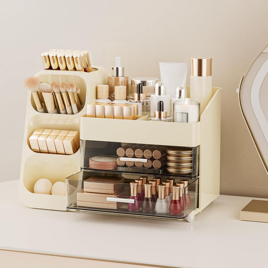 Makeup Organizer with Drawers for Vanity, Spacious Cosmetic Display Case with Makeup Brush Holder, Perfect Vanity Bathroom Organizer and Storage Solution for Skincare & Beauty Essentials, Beige
